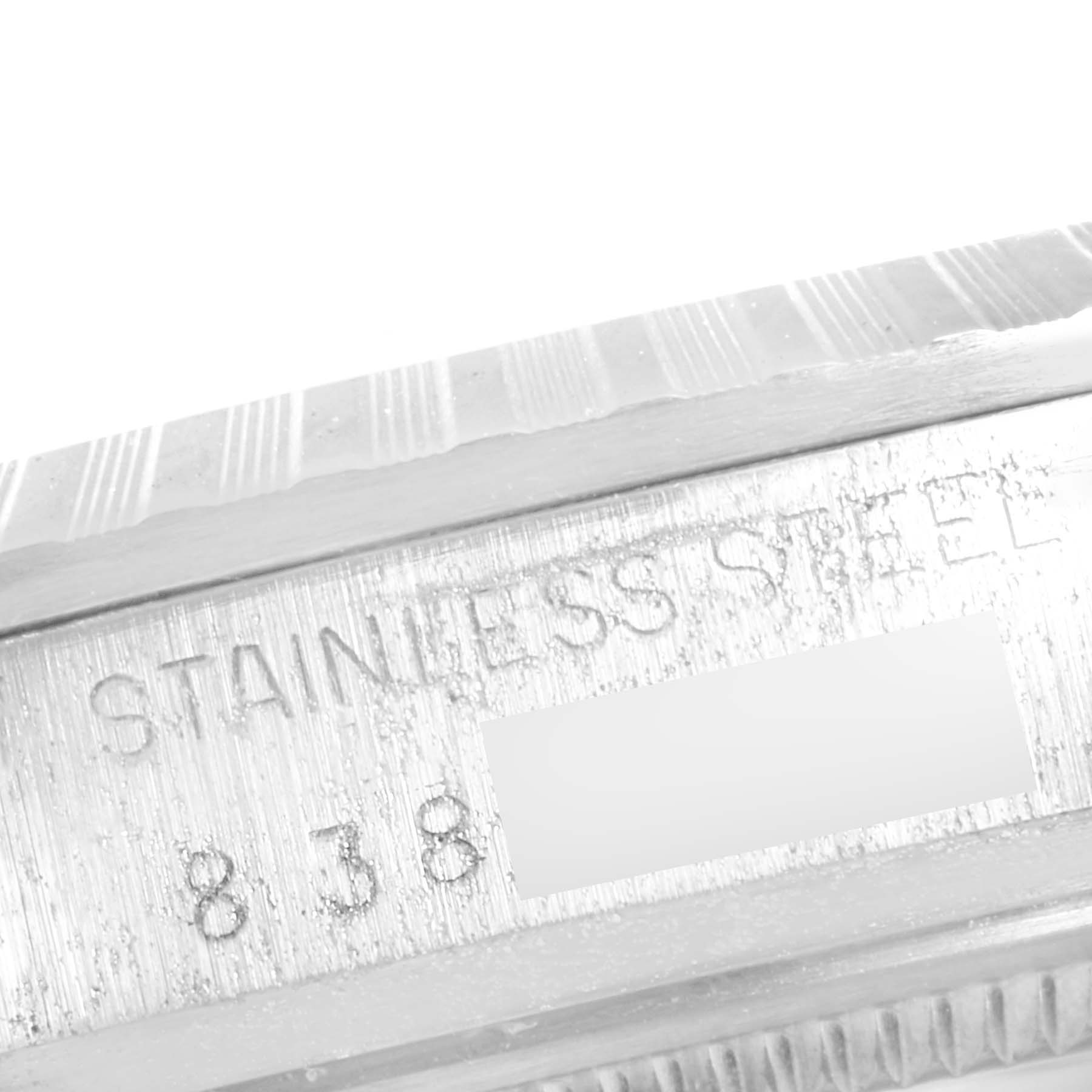 This image shows a close-up of the stainless steel case with model markings of a Rolex Vintage Collection 16030 Men's Stainless Steel Silver Dial 16030 Men's Stainless Steel Silver Dial watch.