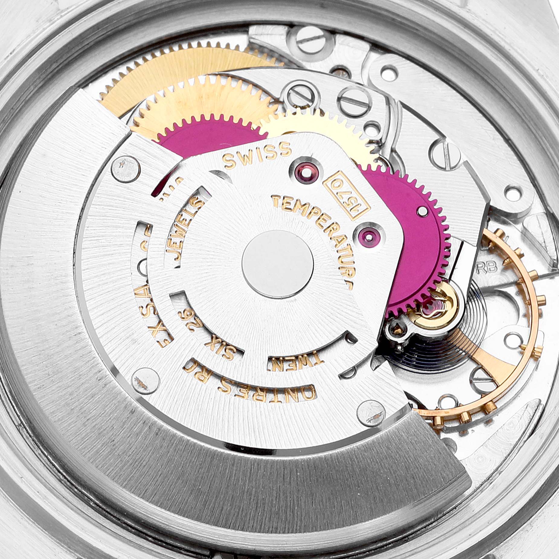 Close-up of the movement of a Rolex Datejust 1603 Men
s Stainless Steel Silver Dial 1603 Men
s Stainless Steel Silver Dial, showing intricate gears and mechanisms.