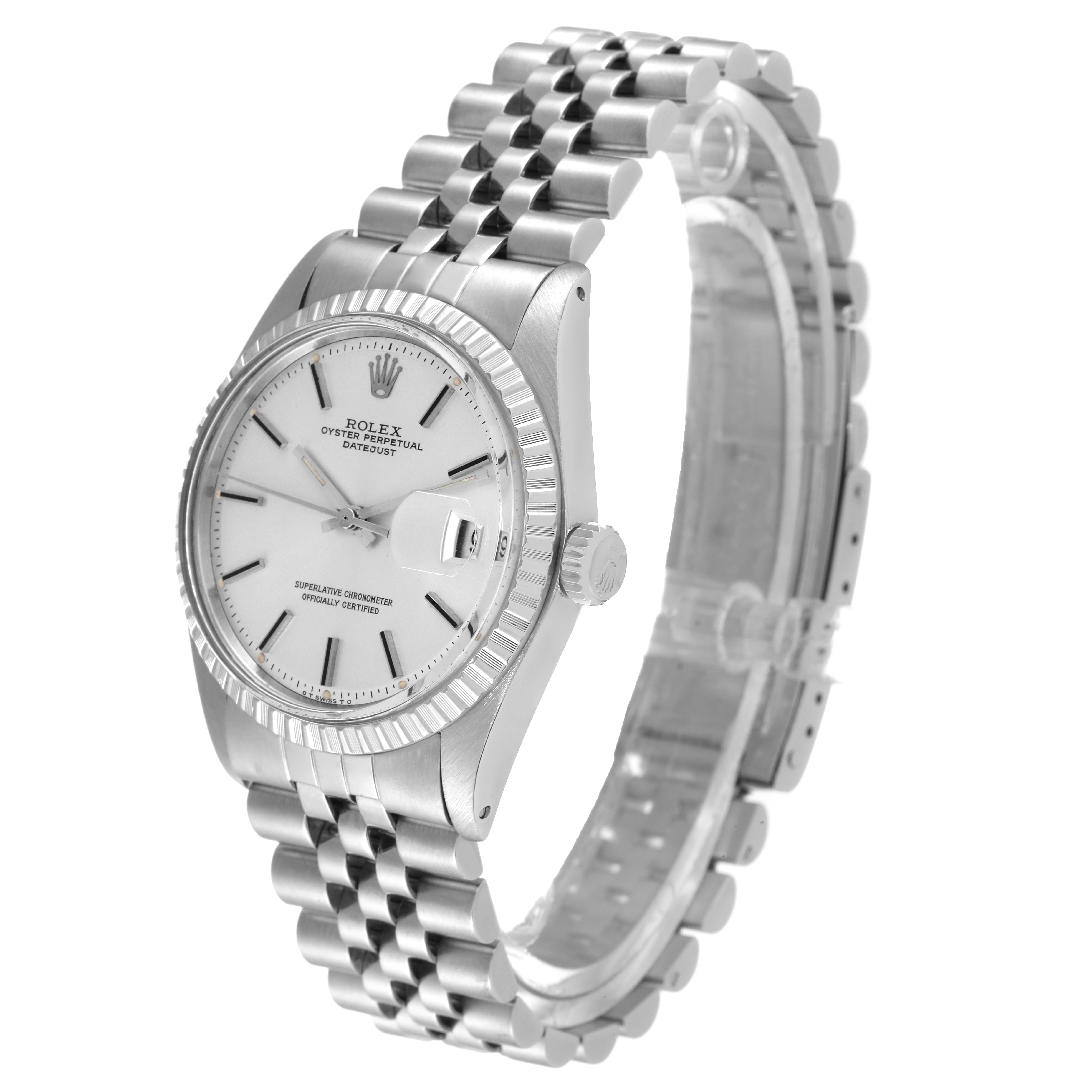 This image shows a Rolex Datejust 1603 Men
s Stainless Steel Silver Dial 1603 Men
s Stainless Steel Silver Dial watch from a side angle, highlighting the dial, bezel, and bracelet.
