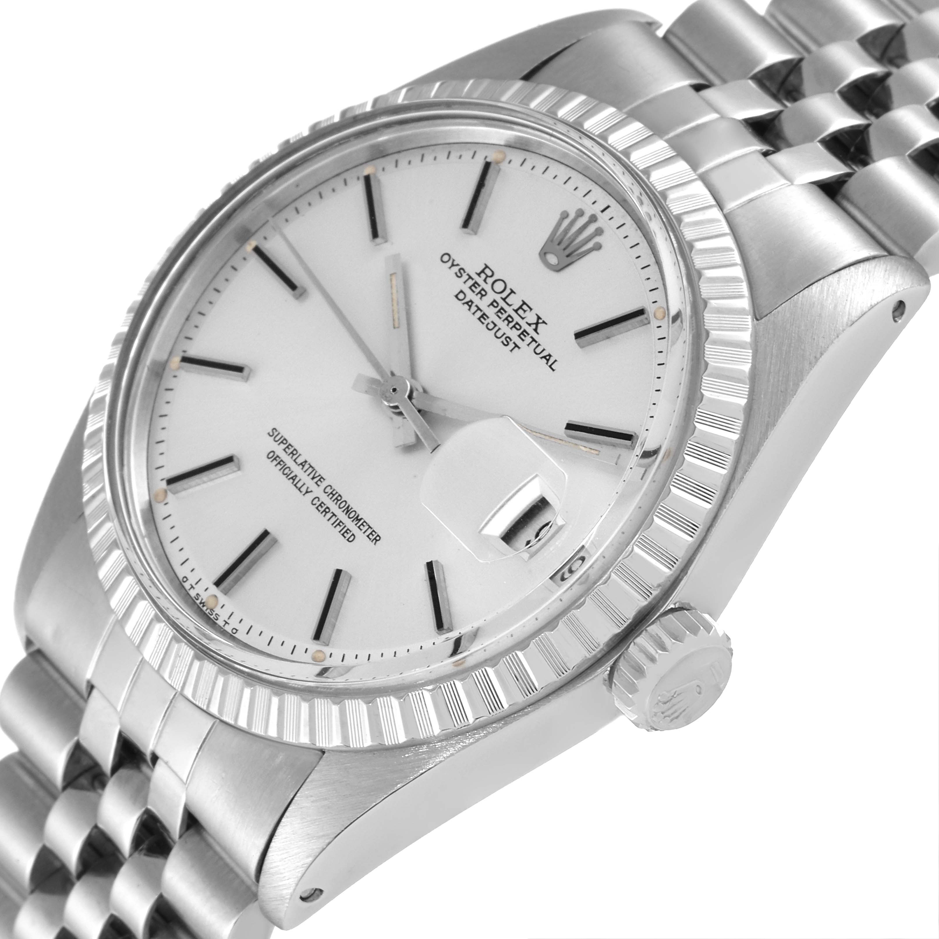 The image shows a close-up angled view of a Rolex Datejust 1603 Men
s Stainless Steel Silver Dial 1603 Men
s Stainless Steel Silver Dial watch, highlighting the dial, bezel, crown, and part of the bracelet.