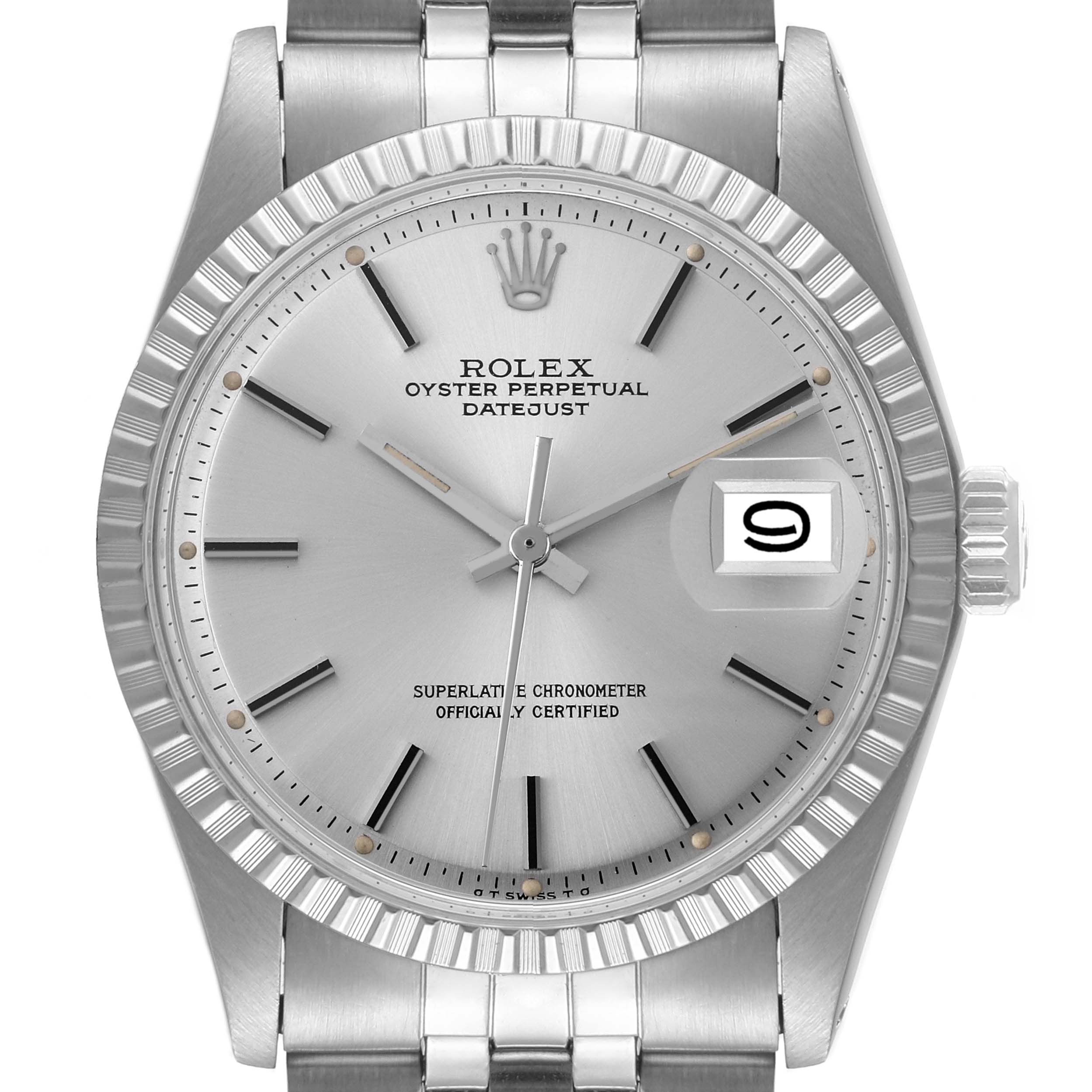 This image shows the front view of a Rolex Datejust 1603 Men
s Stainless Steel Silver Dial 1603 Men
s Stainless Steel Silver Dial watch, highlighting the dial, hands, and bracelet.