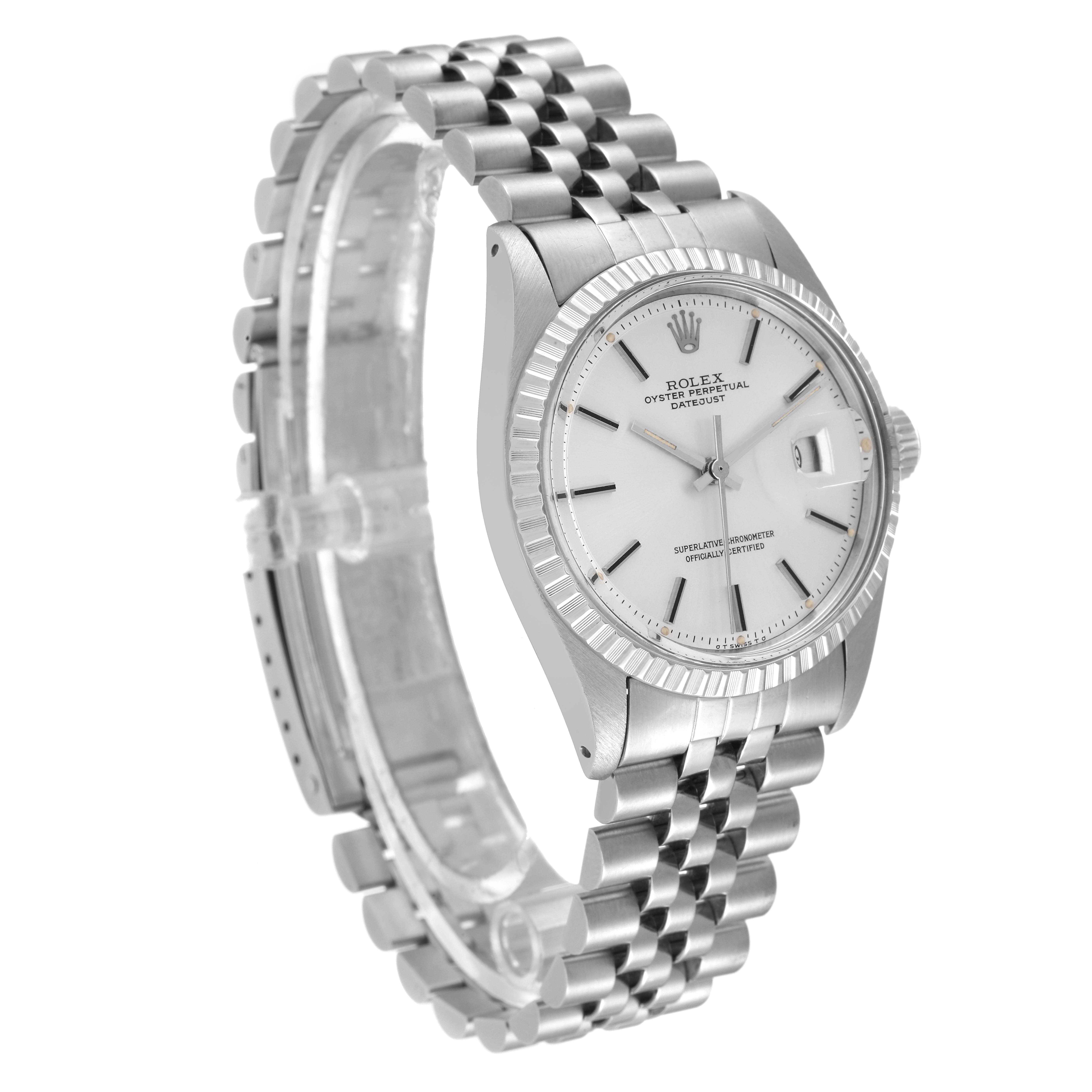 This image shows a side-front angle of the Rolex Datejust 1603 Men
s Stainless Steel Silver Dial 1603 Men
s Stainless Steel Silver Dial, highlighting the dial, fluted bezel, and jubilee bracelet.