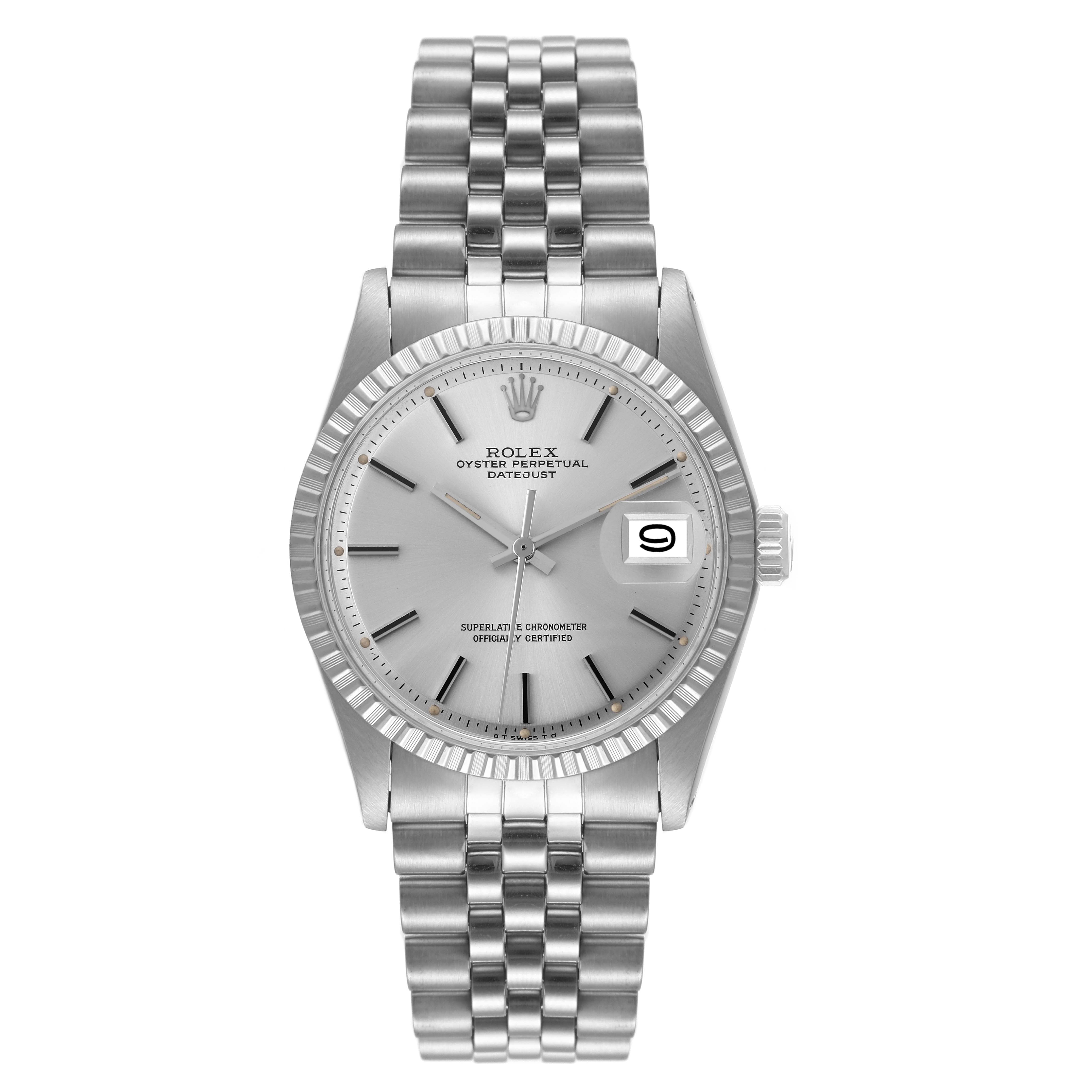 The image shows a Rolex Datejust 1603 Men
s Stainless Steel Silver Dial 1603 Men
s Stainless Steel Silver Dial watch from a front angle, displaying its silver dial, fluted bezel, and Jubilee bracelet.