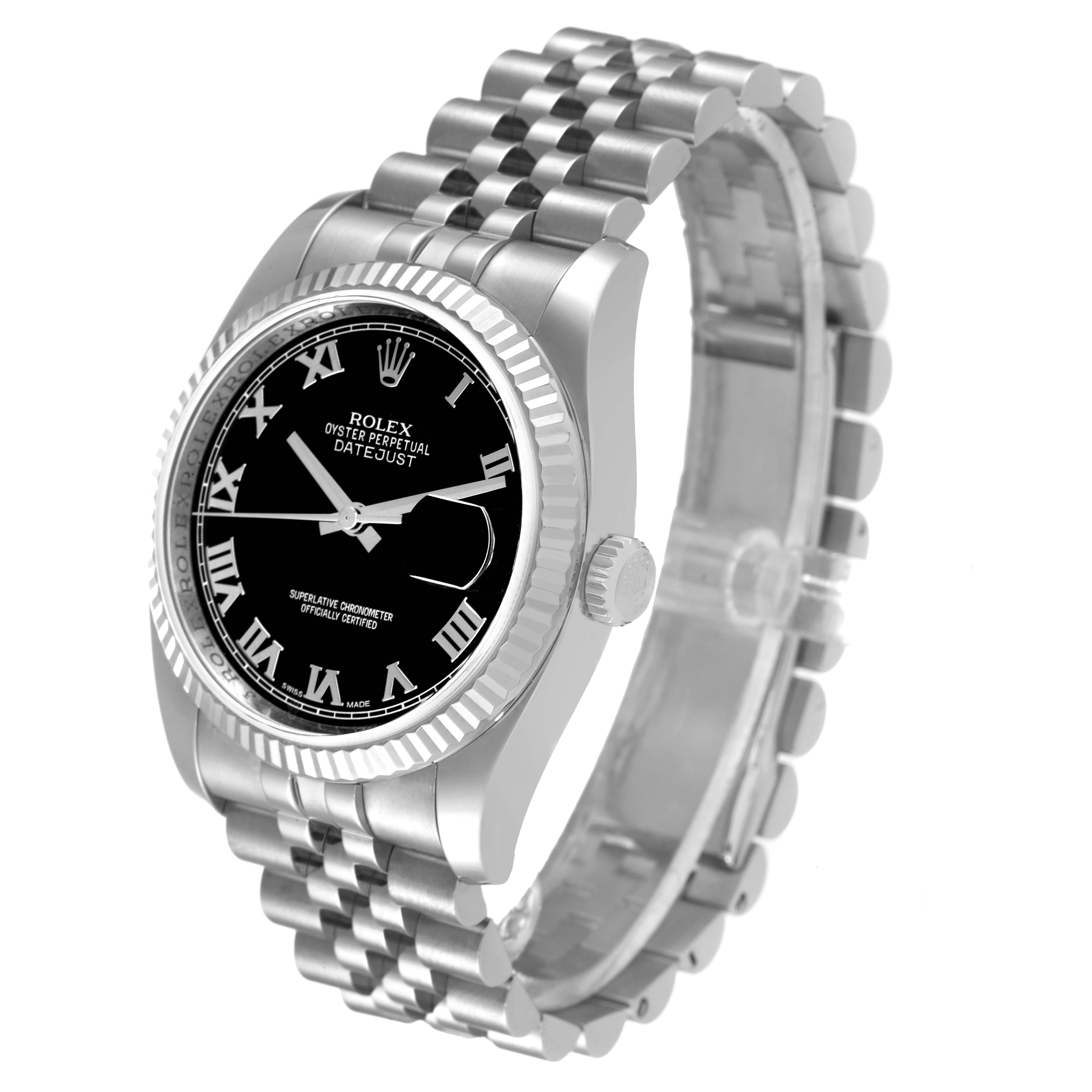 This image shows the front and right side of a Rolex Datejust 116234 Men
s Stainless Steel Black Dial 116234 Men
s Stainless Steel Black Dial watch, highlighting the dial, bezel, and bracelet.