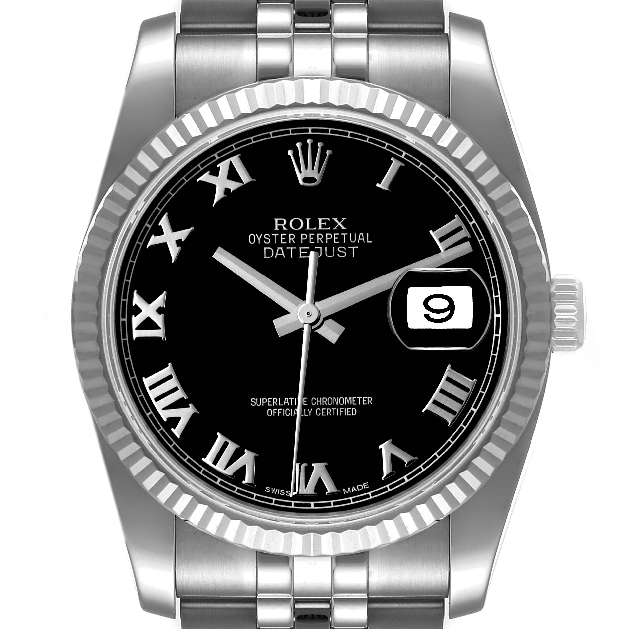 The image shows a front view of the Rolex Datejust 116234 Men
s Stainless Steel Black Dial 116234 Men
s Stainless Steel Black Dial watch, highlighting the dial, bezel, and part of the bracelet.
