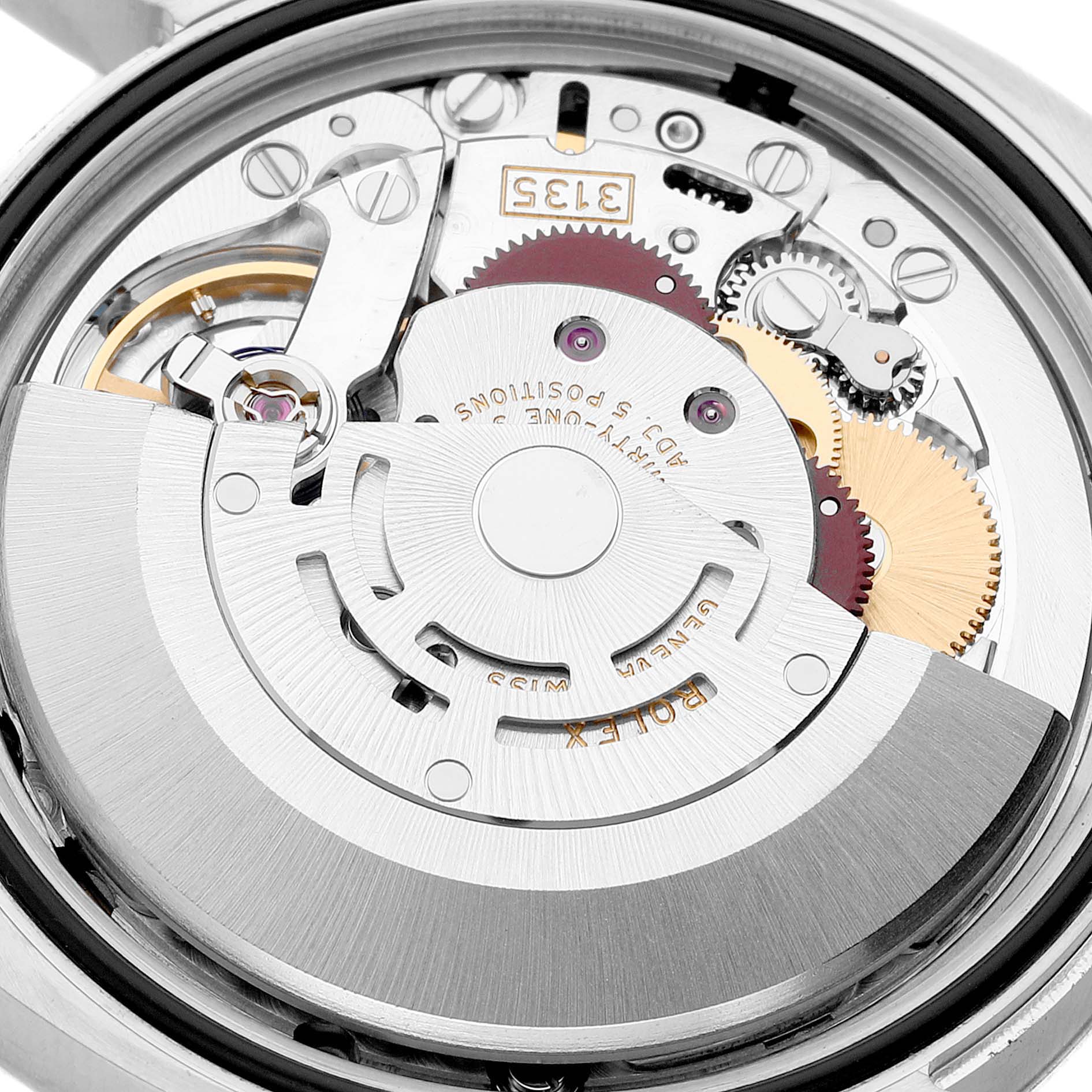 This image shows the internal mechanism and rotor of a Rolex Datejust 116234 Men
s Stainless Steel Black Dial 116234 Men
s Stainless Steel Black Dial watch from a rear-angle view.