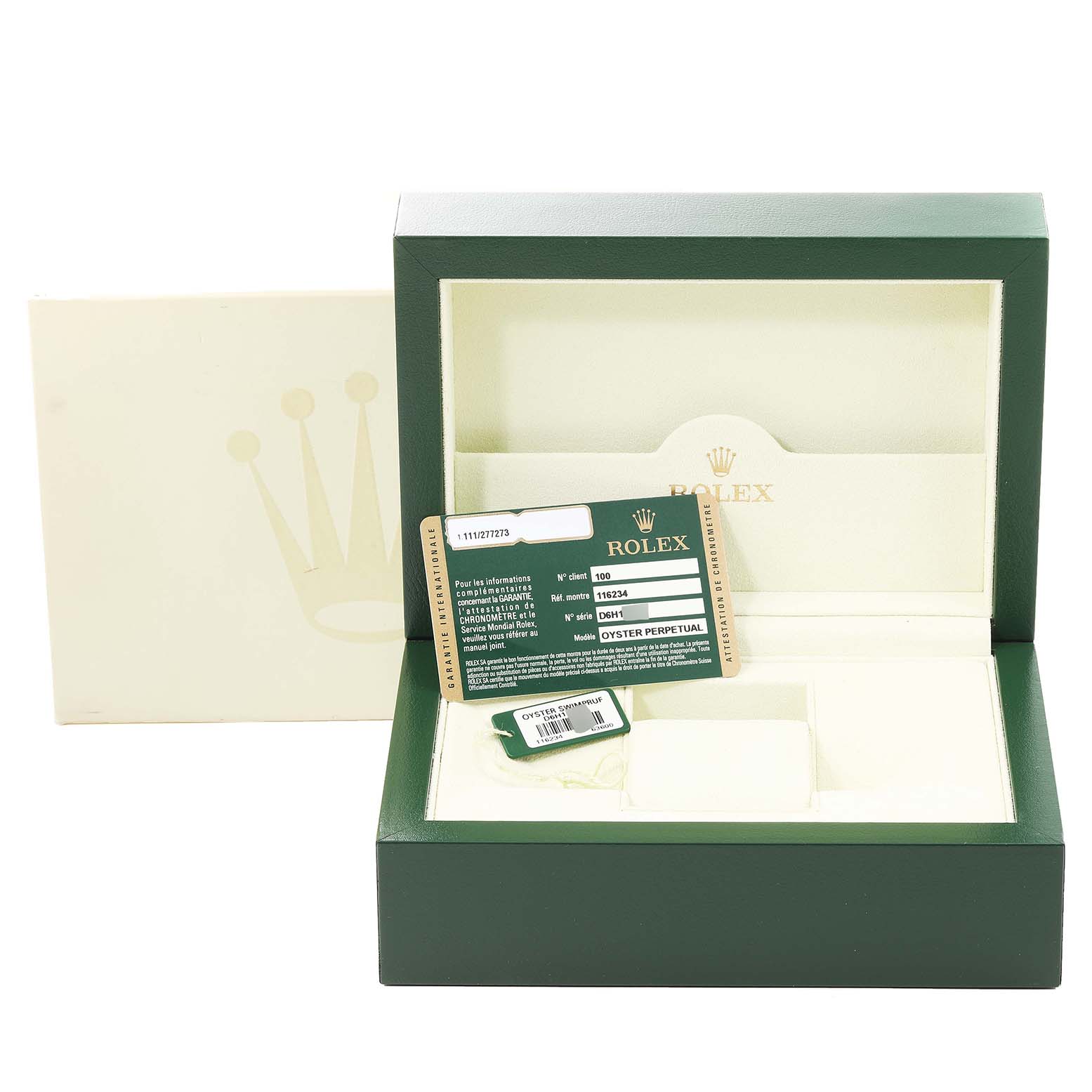 The image shows the packaging box and warranty card for a Rolex Datejust 116234 Men
s Stainless Steel Black Dial 116234 Men
s Stainless Steel Black Dial watch, with the box open at an angle.