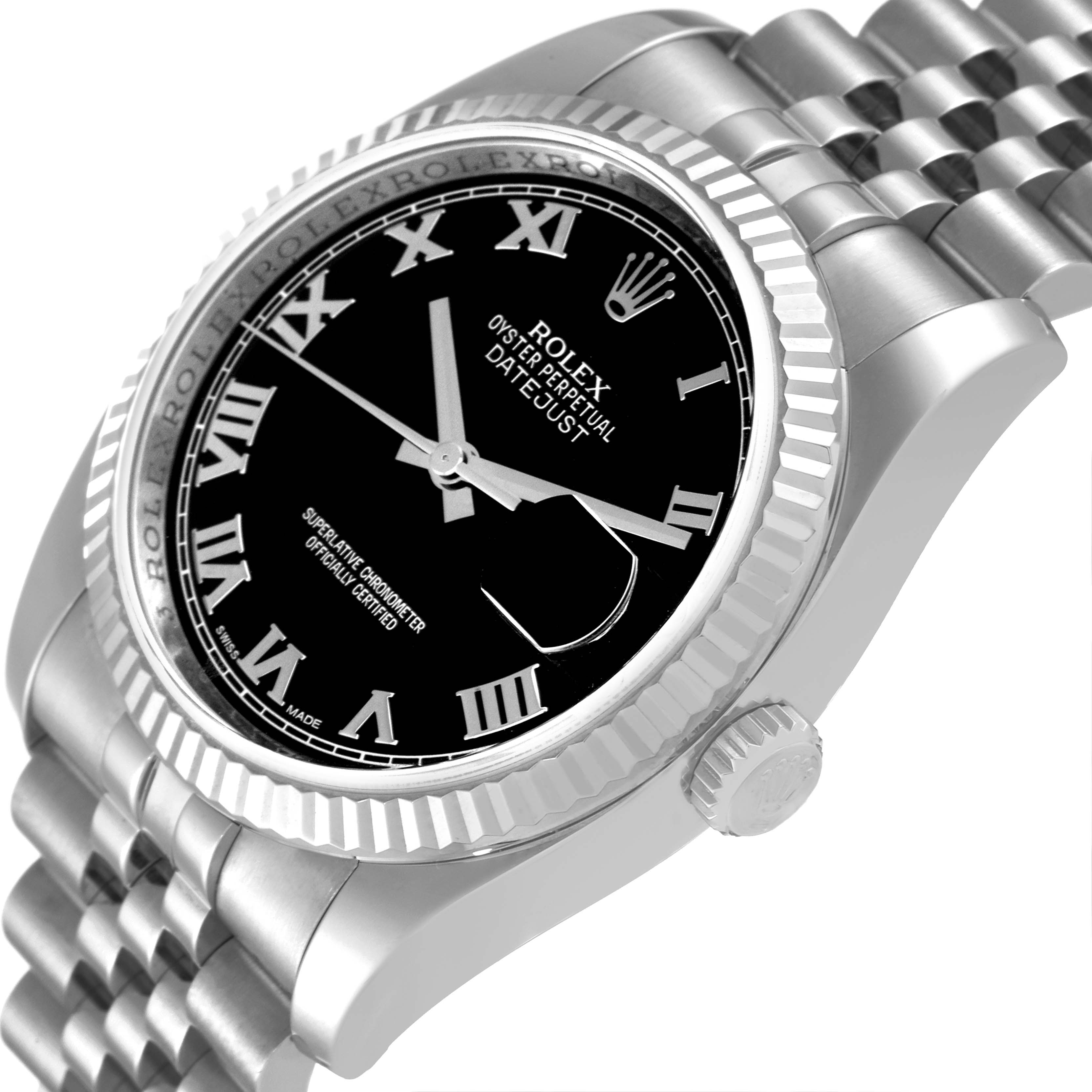 This image shows a close-up angled view of the Rolex Datejust 116234 Men
s Stainless Steel Black Dial 116234 Men
s Stainless Steel Black Dial watch face, bezel, and bracelet.