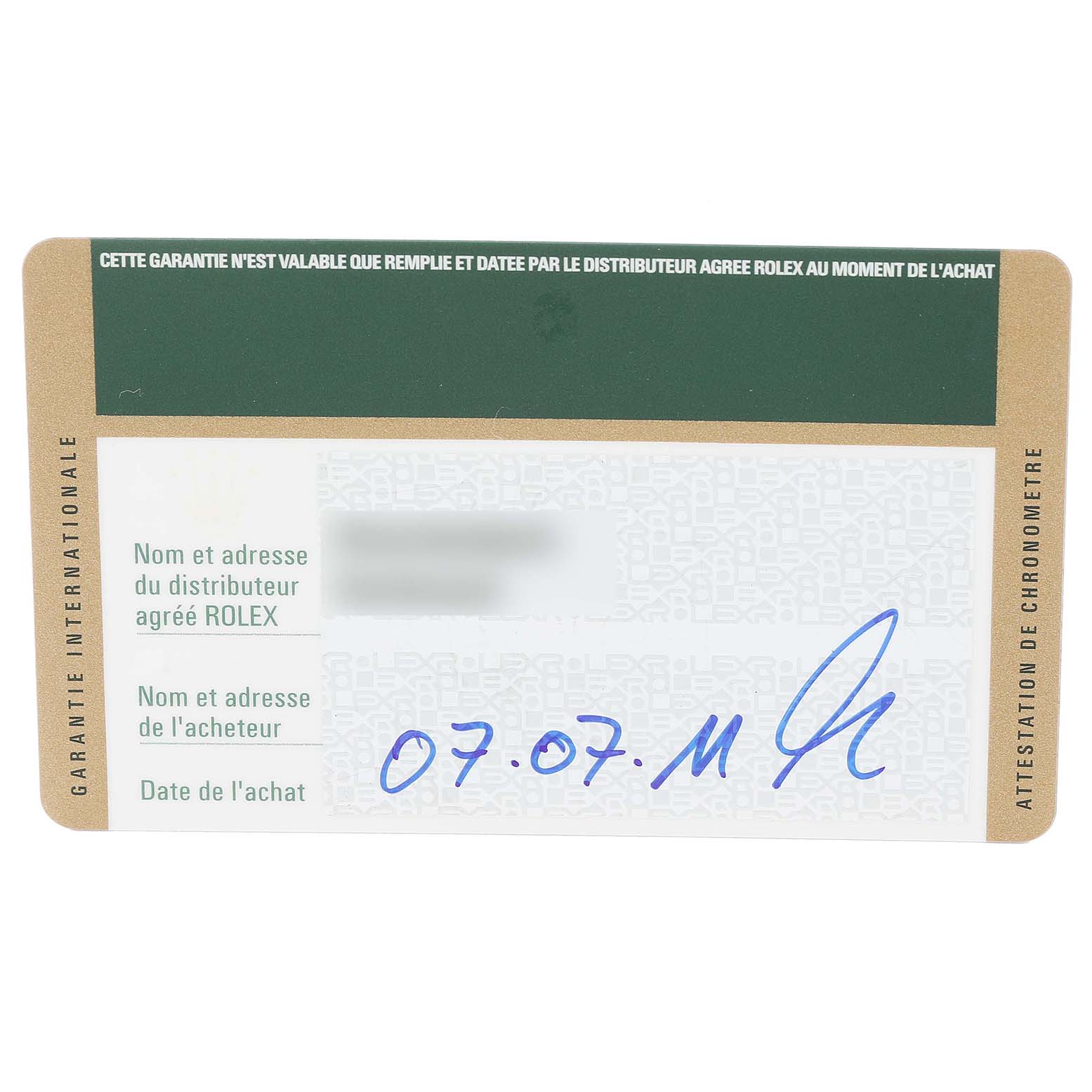 This image shows the guarantee card for a Rolex Datejust 116234 Men
s Stainless Steel Black Dial 116234 Men
s Stainless Steel Black Dial watch.