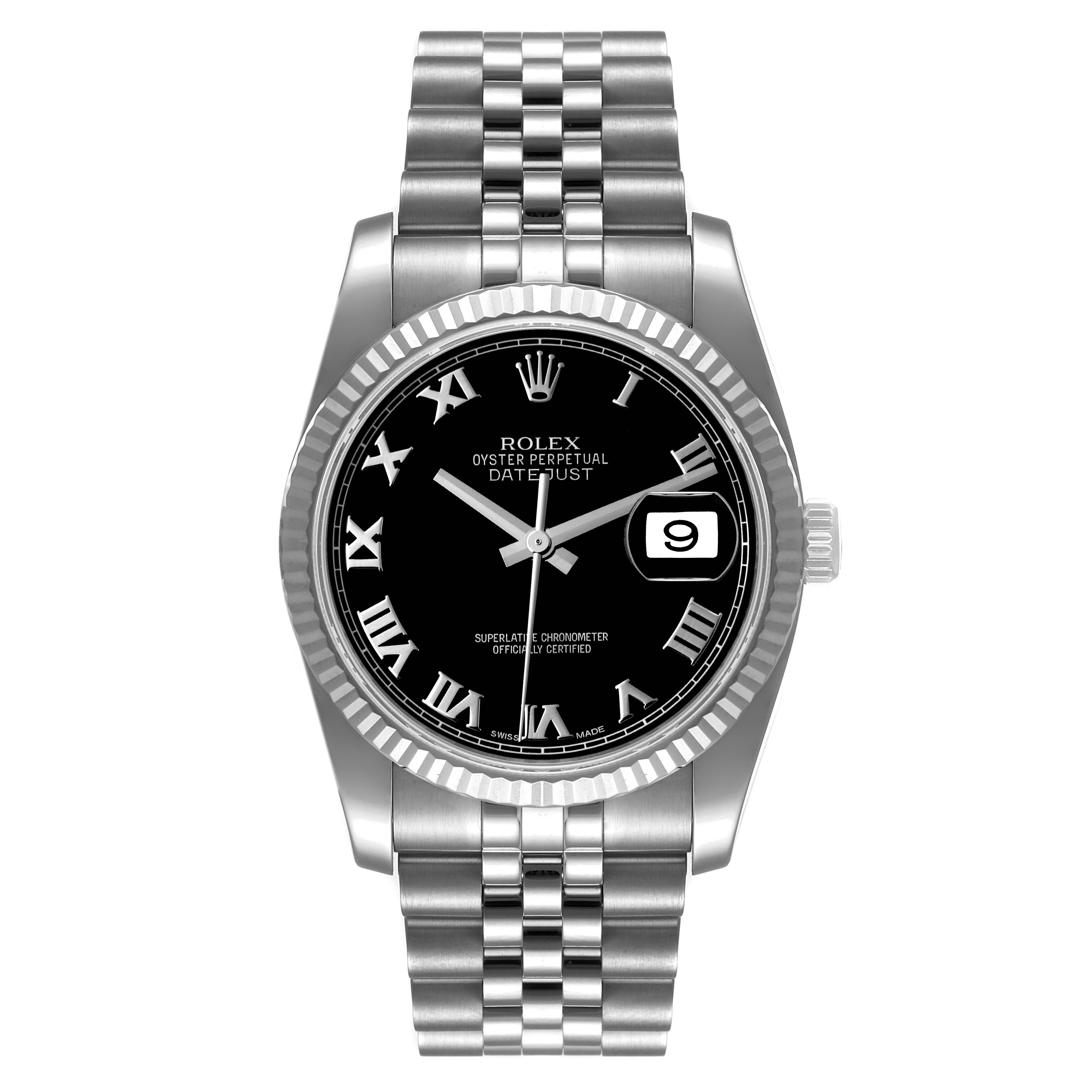 The image shows a front view of a Rolex Datejust 116234 Men
s Stainless Steel Black Dial 116234 Men
s Stainless Steel Black Dial with a black dial, Roman numerals, and a Jubilee bracelet.