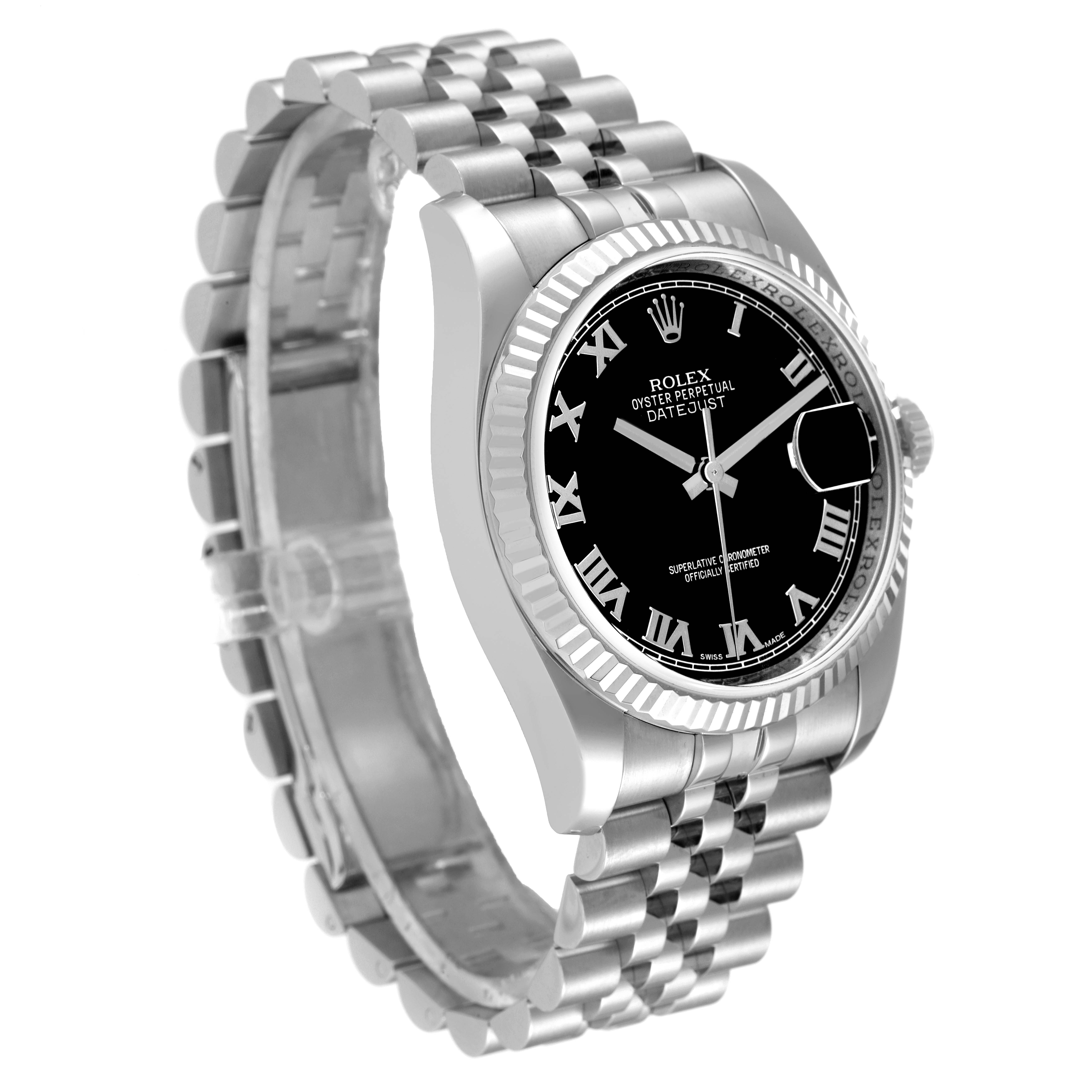 This image shows a Rolex Datejust 116234 Men
s Stainless Steel Black Dial 116234 Men
s Stainless Steel Black Dial watch at a slight side angle, highlighting its black dial, fluted bezel, and Jubilee bracelet.