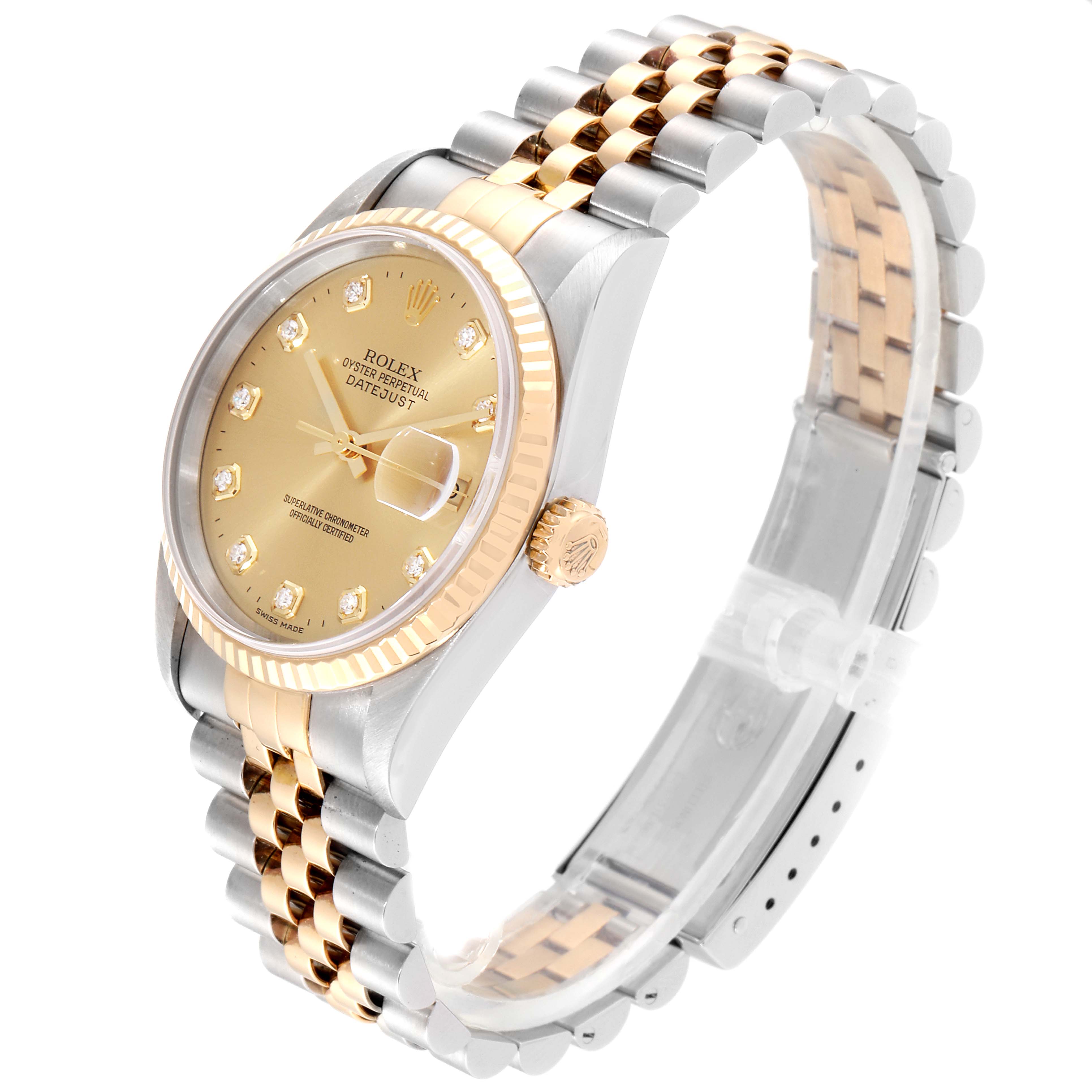 The Rolex Datejust 16233 Men
s Steel and Gold (two tone) Champagne Dial 16233 Men
s Steel and Gold (two tone) Champagne Dial watch is shown at a side angle, featuring the gold bezel, crown, and two-tone bracelet.