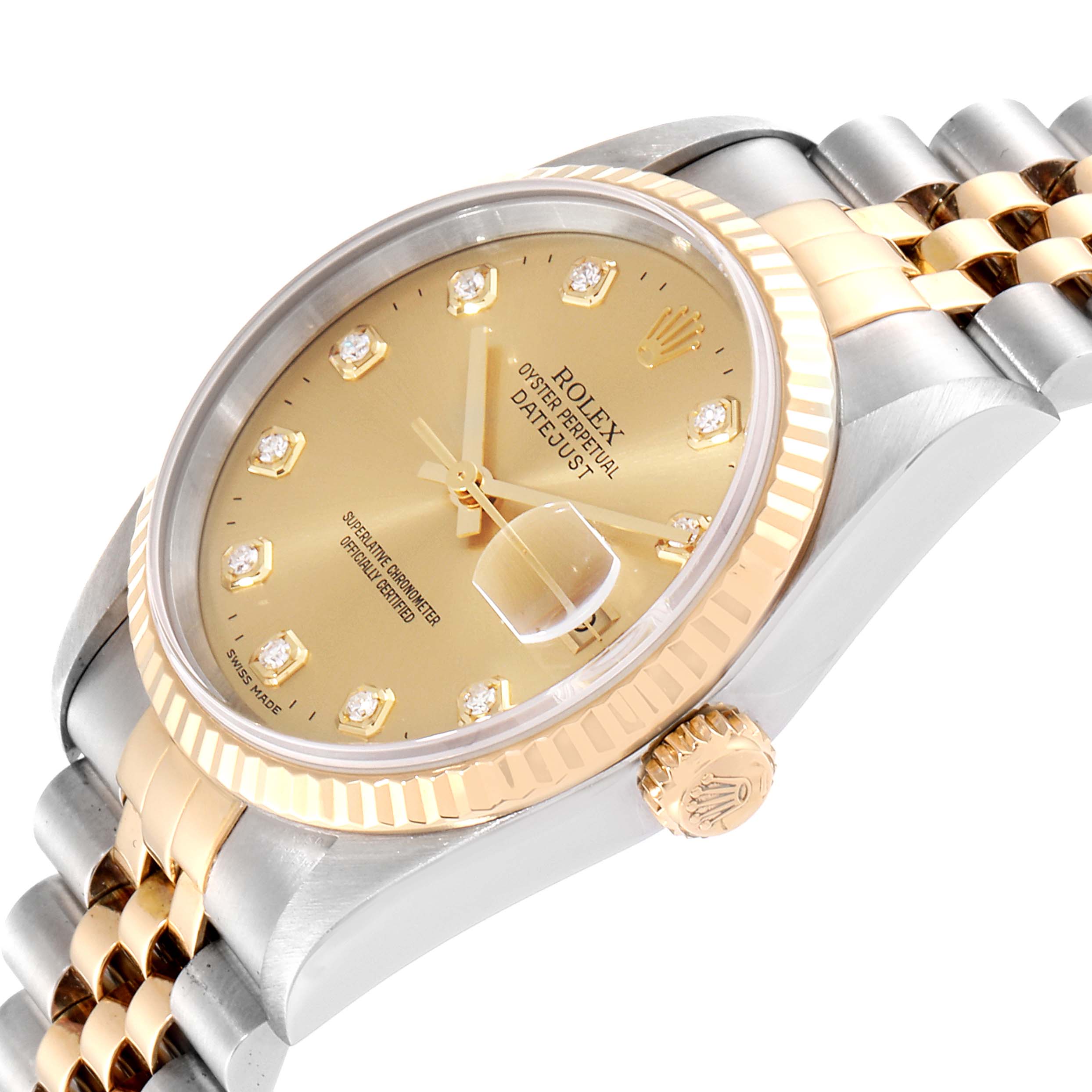 The image shows a close-up side angle of the Rolex Datejust 16233 Men
s Steel and Gold (two tone) Champagne Dial 16233 Men
s Steel and Gold (two tone) Champagne Dial watch, highlighting its gold dial, bezel, and two-tone bracelet.
