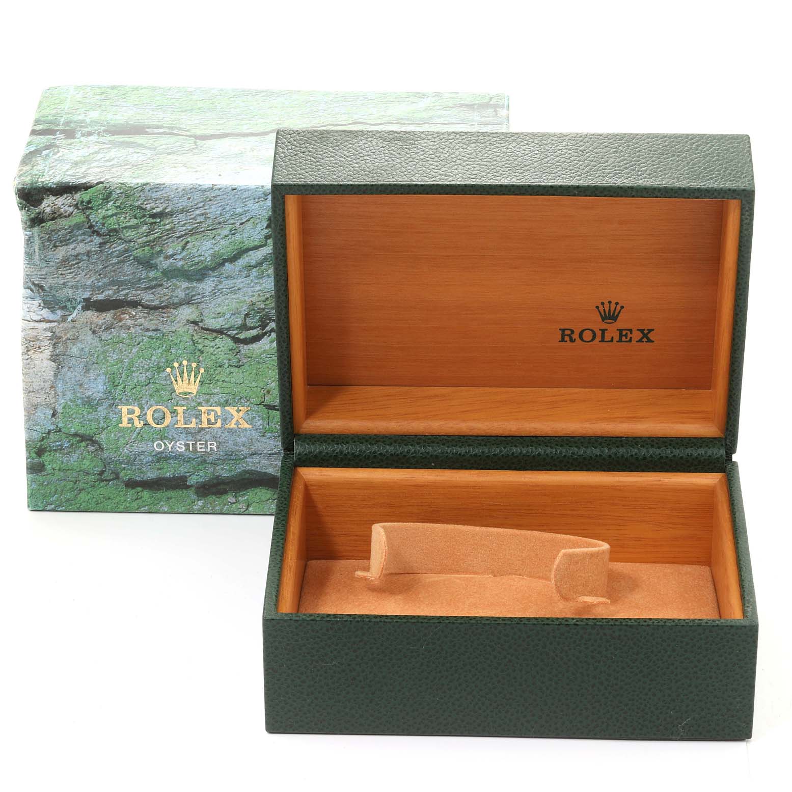 The image shows an open green Rolex watch box with "Rolex Oyster" branding, displayed at a front angle with no watch inside.