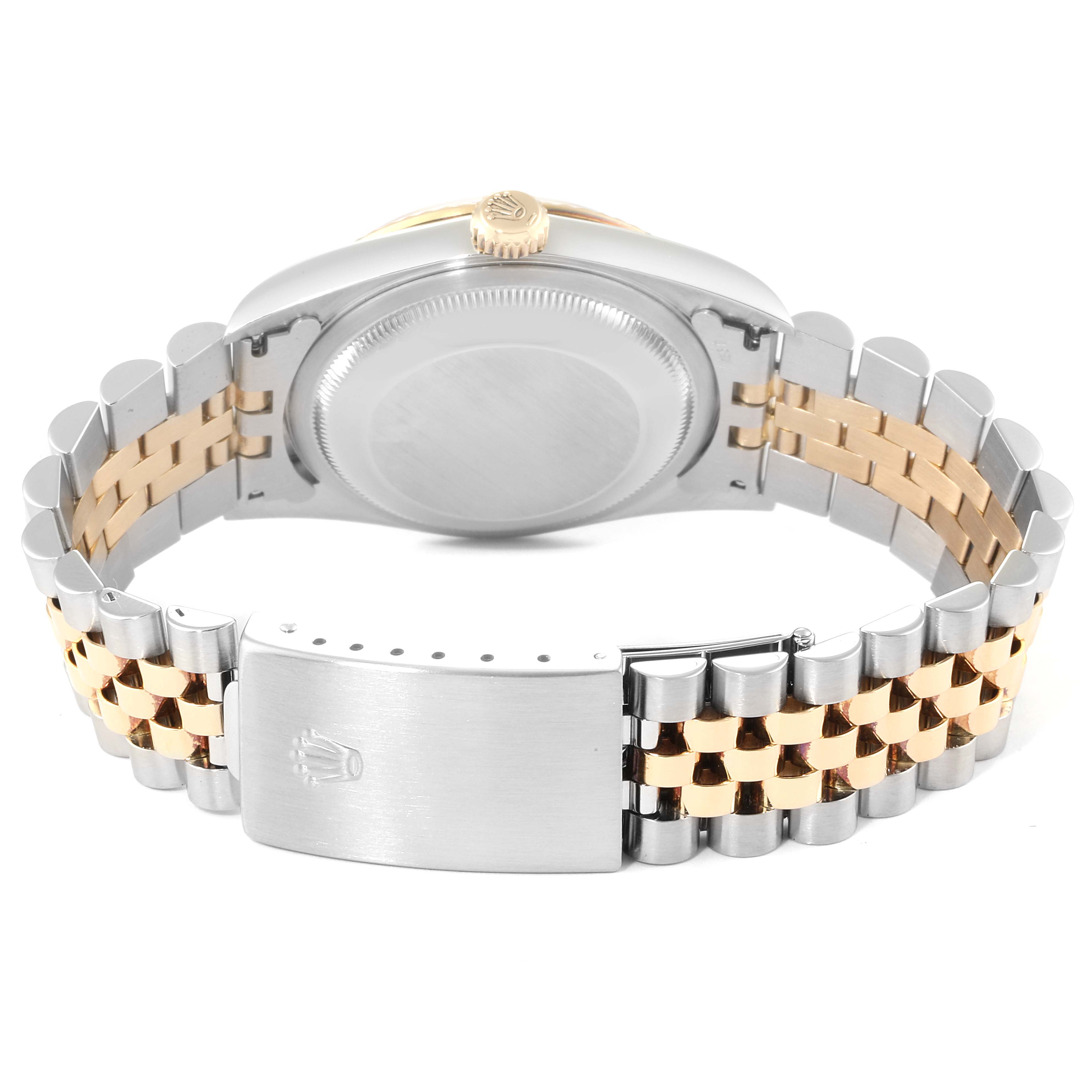 This image shows the back view of a Rolex Datejust 16233 Men
s Steel and Gold (two tone) Champagne Dial 16233 Men
s Steel and Gold (two tone) Champagne Dial watch, highlighting the case back and two-tone bracelet.