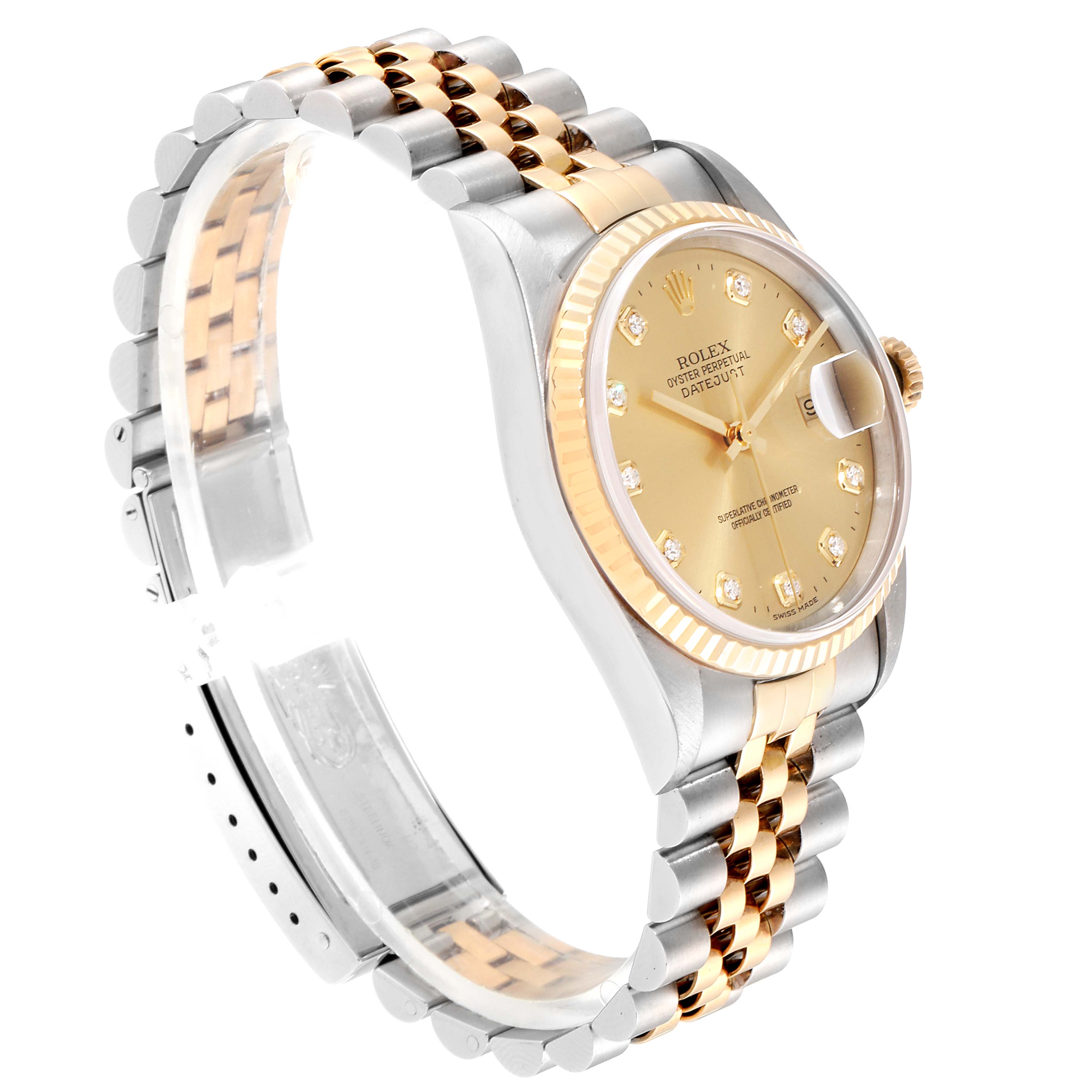 The Rolex Datejust 16233 Men
s Steel and Gold (two tone) Champagne Dial 16233 Men
s Steel and Gold (two tone) Champagne Dial watch is shown at a three-quarter angle, focusing on the face, bezel, and two-tone bracelet.
