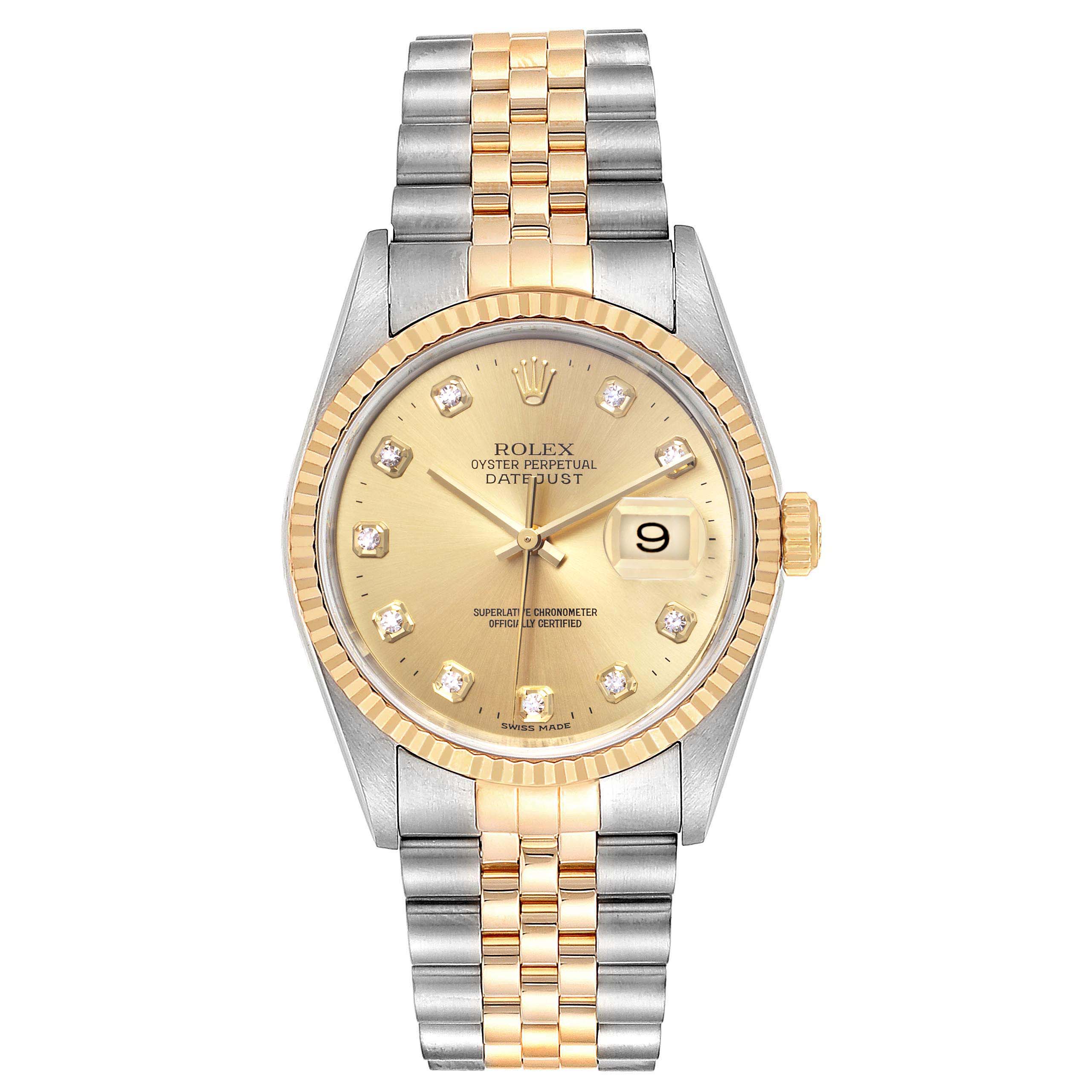 The image shows a Rolex Datejust 16233 Men
s Steel and Gold (two tone) Champagne Dial 16233 Men
s Steel and Gold (two tone) Champagne Dial watch from a front view, displaying its dial, bezel, and two-tone bracelet.