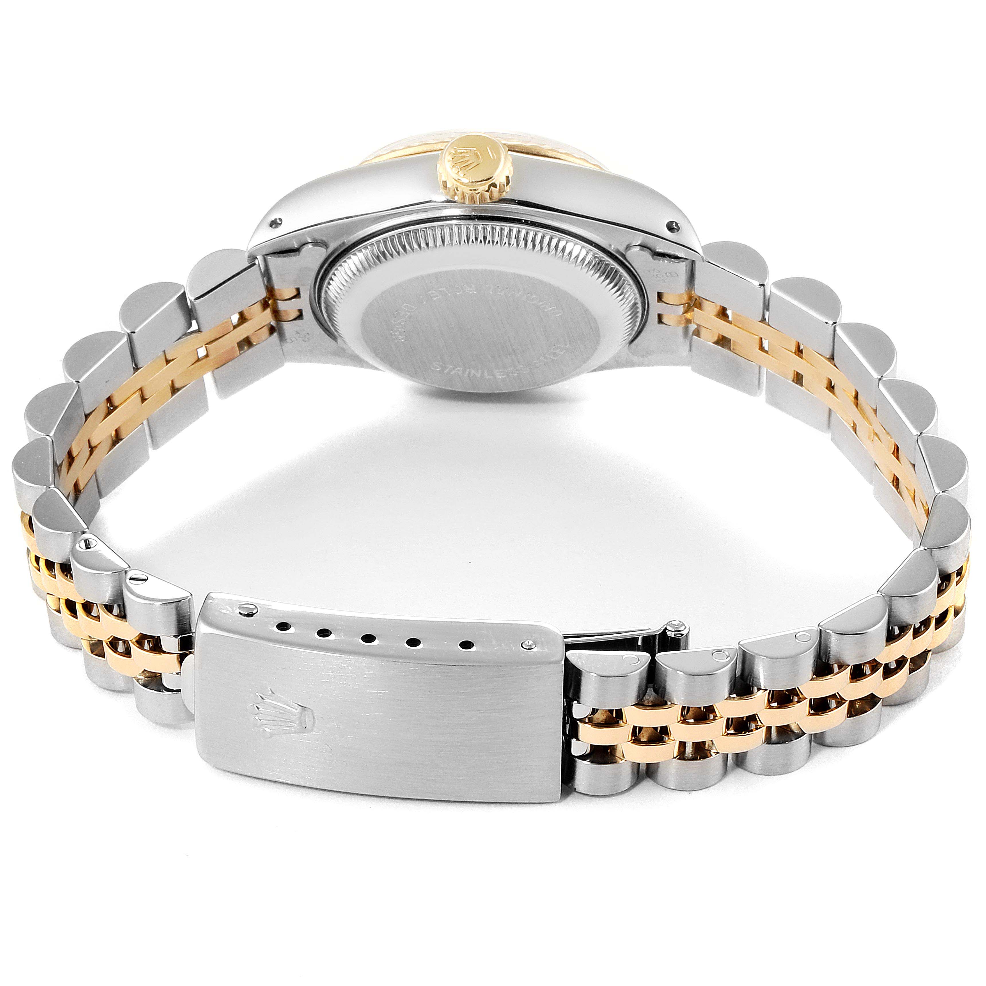 The image shows the back view of a Rolex Datejust 69173 Women's Steel and Gold (two tone) Champagne Dial 69173 Women's Steel and Gold (two tone) Champagne Dial watch, displaying the case back, crown, and two-tone bracelet with clasp.