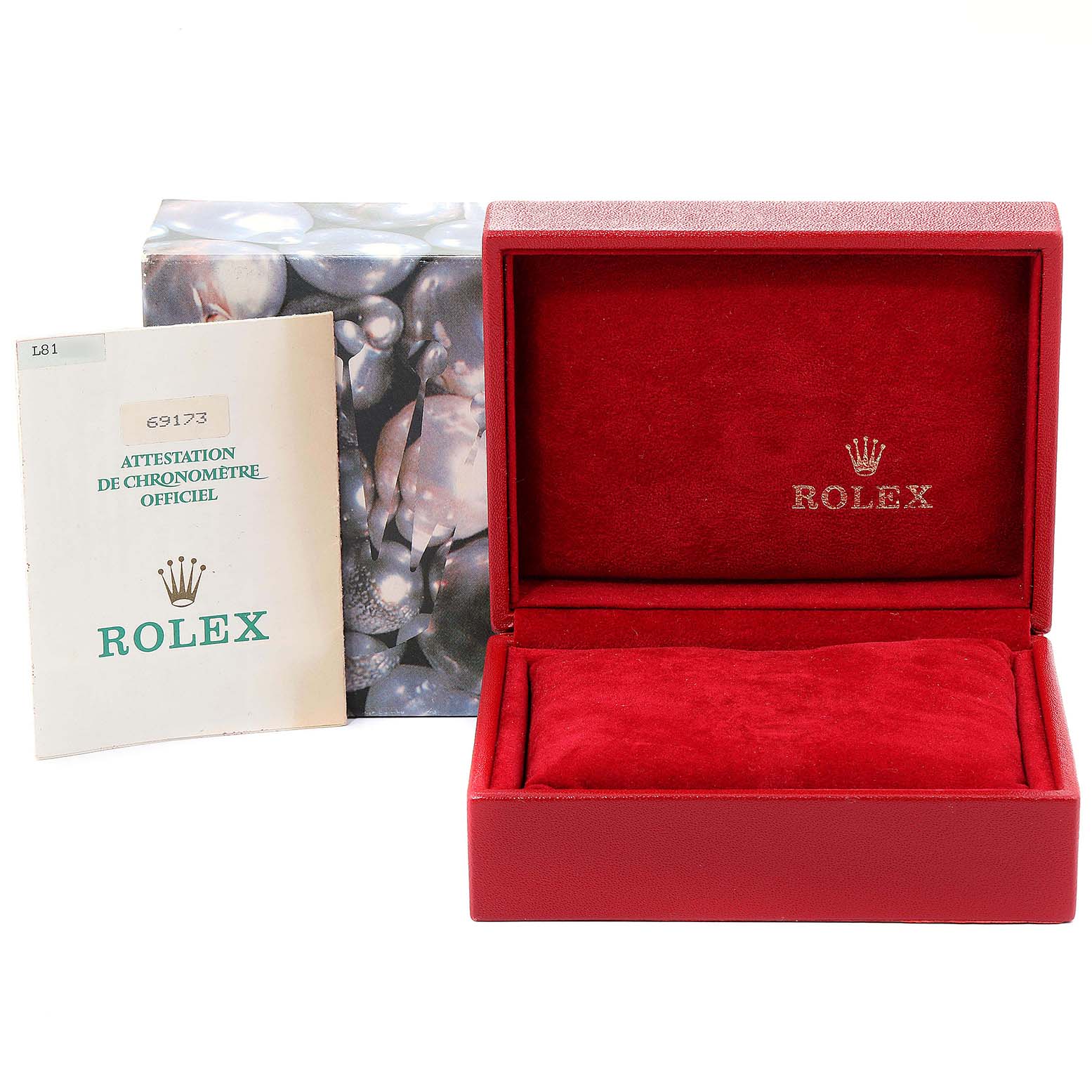 The image shows a red Rolex Datejust 69173 Women's Steel and Gold (two tone) Champagne Dial 69173 Women's Steel and Gold (two tone) Champagne Dial watch box, outer packaging, and an official chronometer certificate.