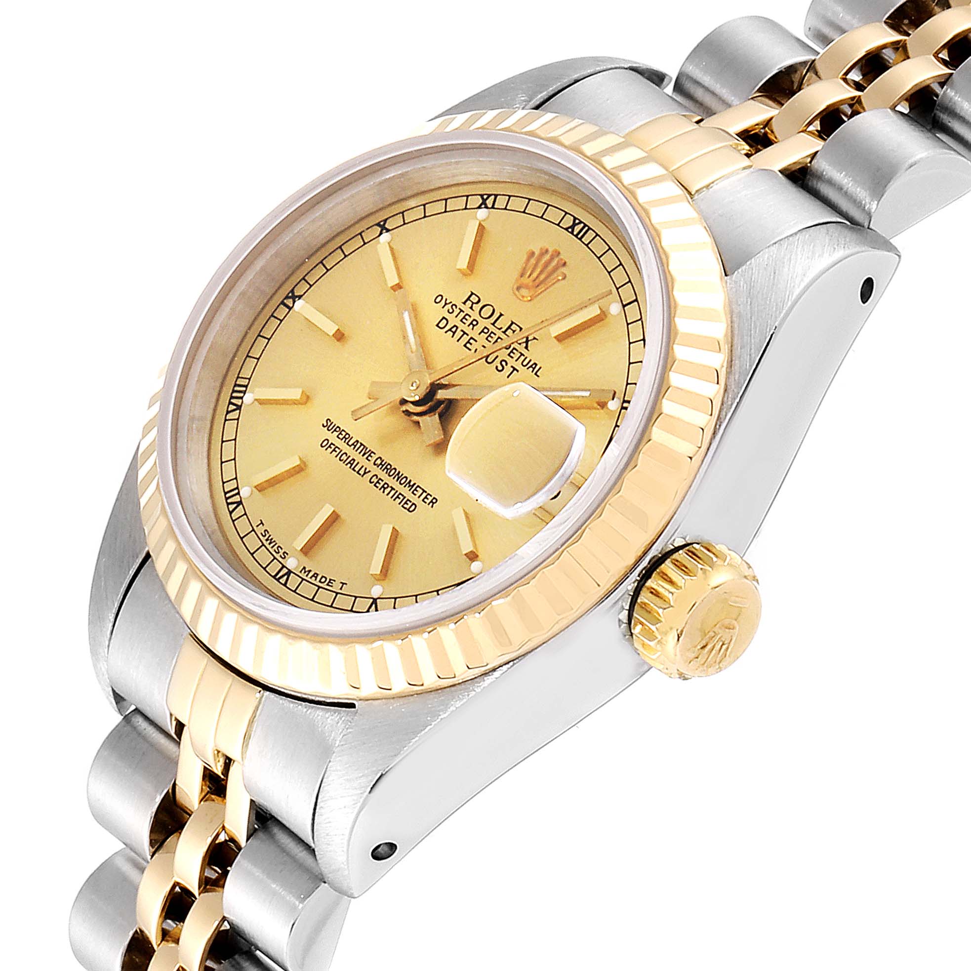 The image shows a Rolex Datejust 69173 Women's Steel and Gold (two tone) Champagne Dial 69173 Women's Steel and Gold (two tone) Champagne Dial watch from an oblique angle, highlighting the dial, bezel, crown, and part of the bracelet.