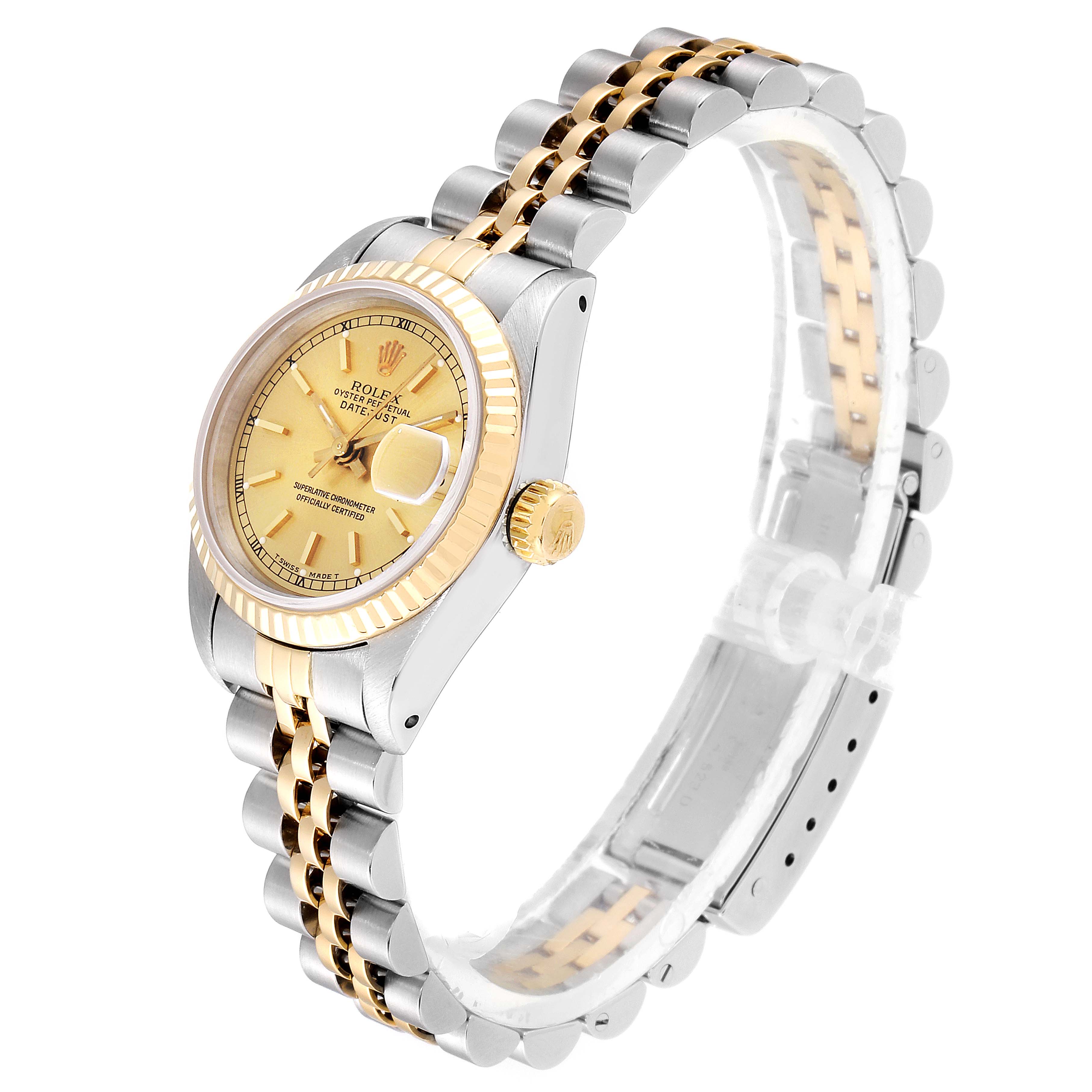 This image shows a side-angle view of a Rolex Datejust 69173 Women's Steel and Gold (two tone) Champagne Dial 69173 Women's Steel and Gold (two tone) Champagne Dial watch, highlighting its bezel, dial, crown, and two-tone bracelet.