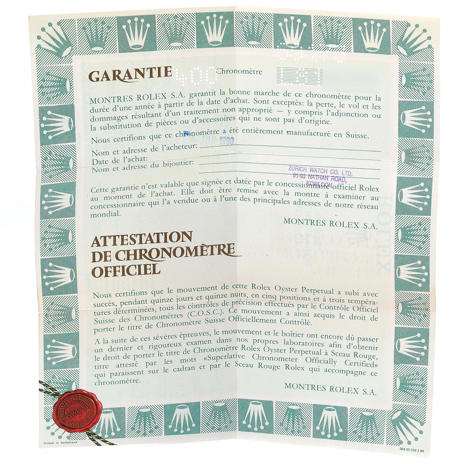 This image shows the warranty certificate and official chronometer certification for the Rolex Datejust 69173 Women's Steel and Gold (two tone) Champagne Dial 69173 Women's Steel and Gold (two tone) Champagne Dial model.