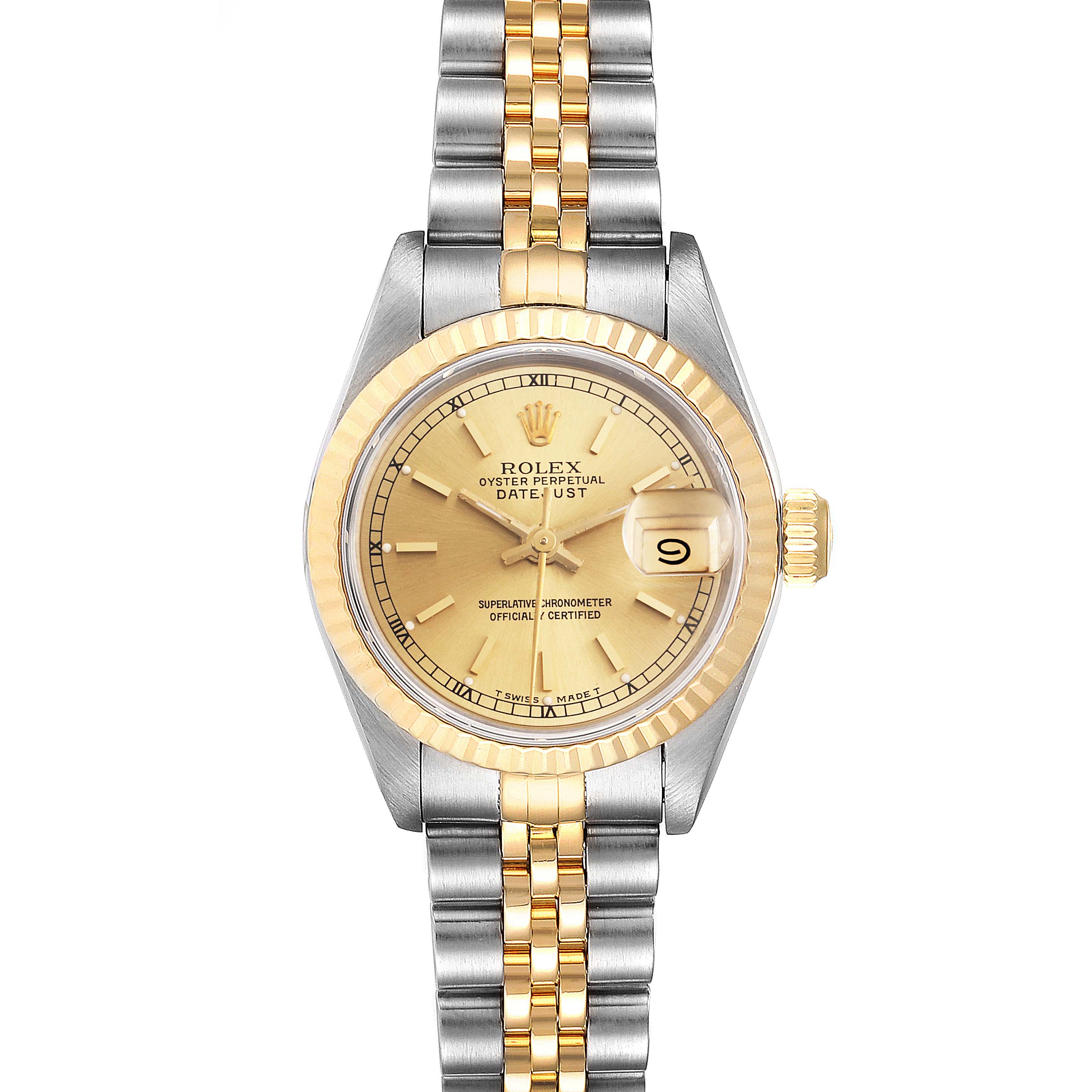 This image is a front view of a Rolex Datejust 69173 Women's Steel and Gold (two tone) Champagne Dial 69173 Women's Steel and Gold (two tone) Champagne Dial watch featuring a two-tone bracelet, gold dial, and fluted bezel.