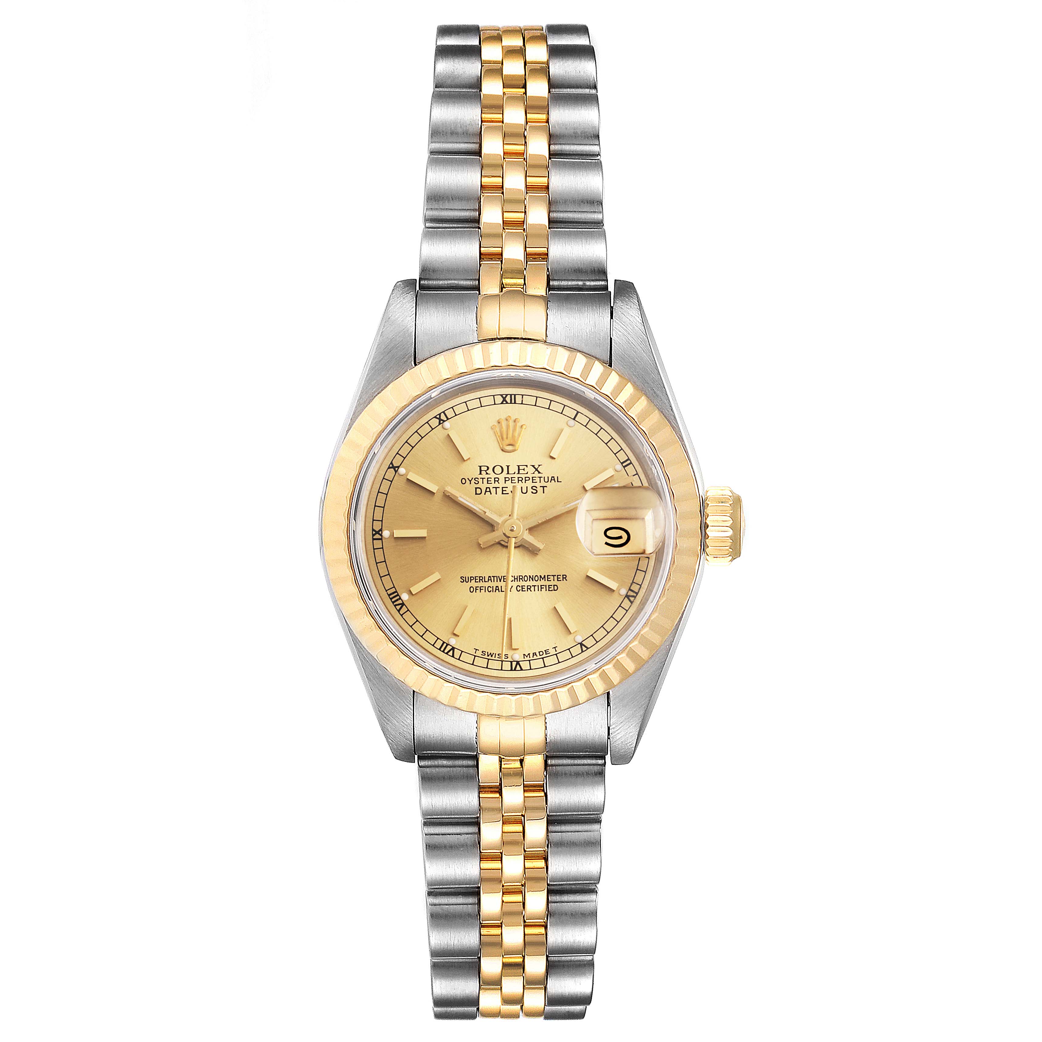 The Rolex Datejust 69173 Women's Steel and Gold (two tone) Champagne Dial 69173 Women's Steel and Gold (two tone) Champagne Dial watch is shown from the front, featuring its dial, bezel, and two-tone bracelet.