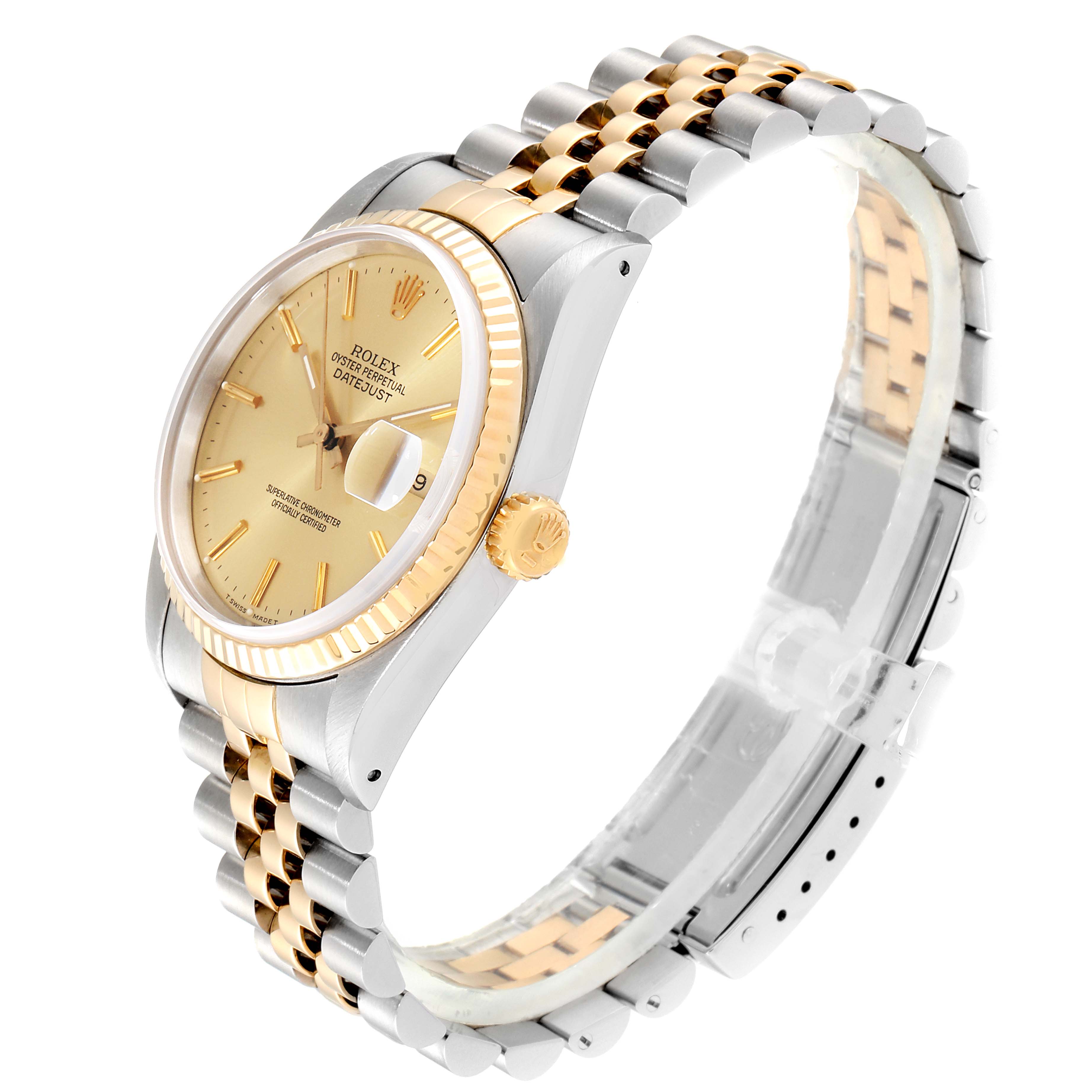 This image shows a Rolex Datejust 16233 Men
s Steel and Gold (two tone) Champagne Dial 16233 Men
s Steel and Gold (two tone) Champagne Dial watch at a three-quarter angle, highlighting the gold face, fluted bezel, and two-tone bracelet.
