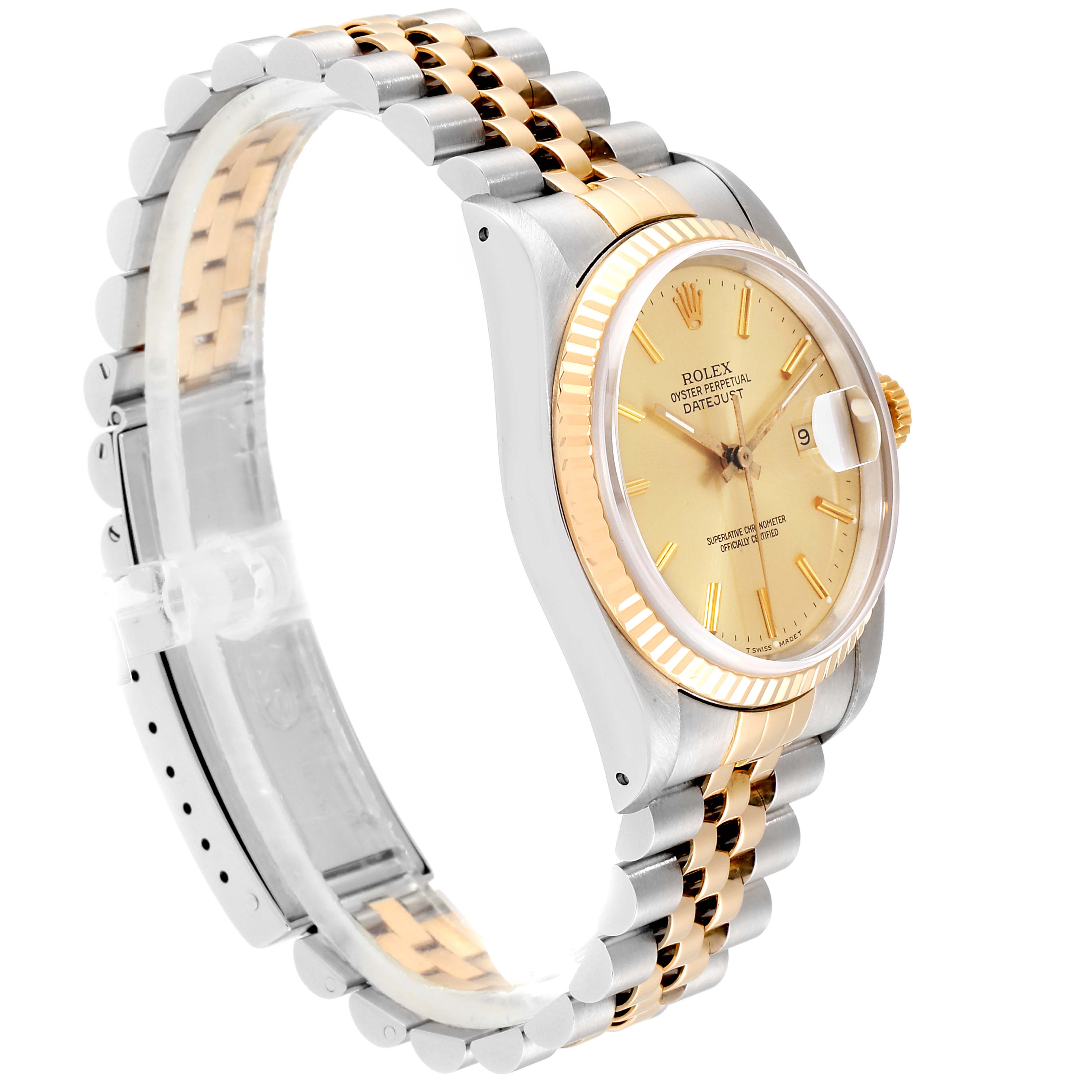 The image shows a Rolex Datejust 16233 Men
s Steel and Gold (two tone) Champagne Dial 16233 Men
s Steel and Gold (two tone) Champagne Dial watch at a side angle, highlighting the Jubilee bracelet, fluted bezel, and gold dial.