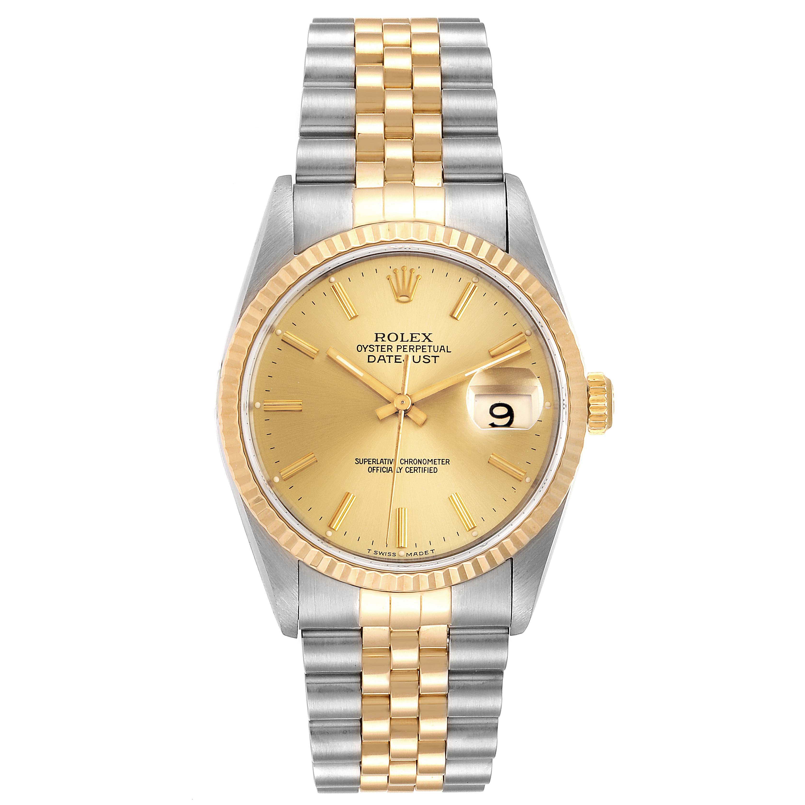 The image shows a front view of a Rolex Datejust 16233 Men
s Steel and Gold (two tone) Champagne Dial 16233 Men
s Steel and Gold (two tone) Champagne Dial watch featuring a two-tone bracelet, gold dial, date display, and fluted bezel.