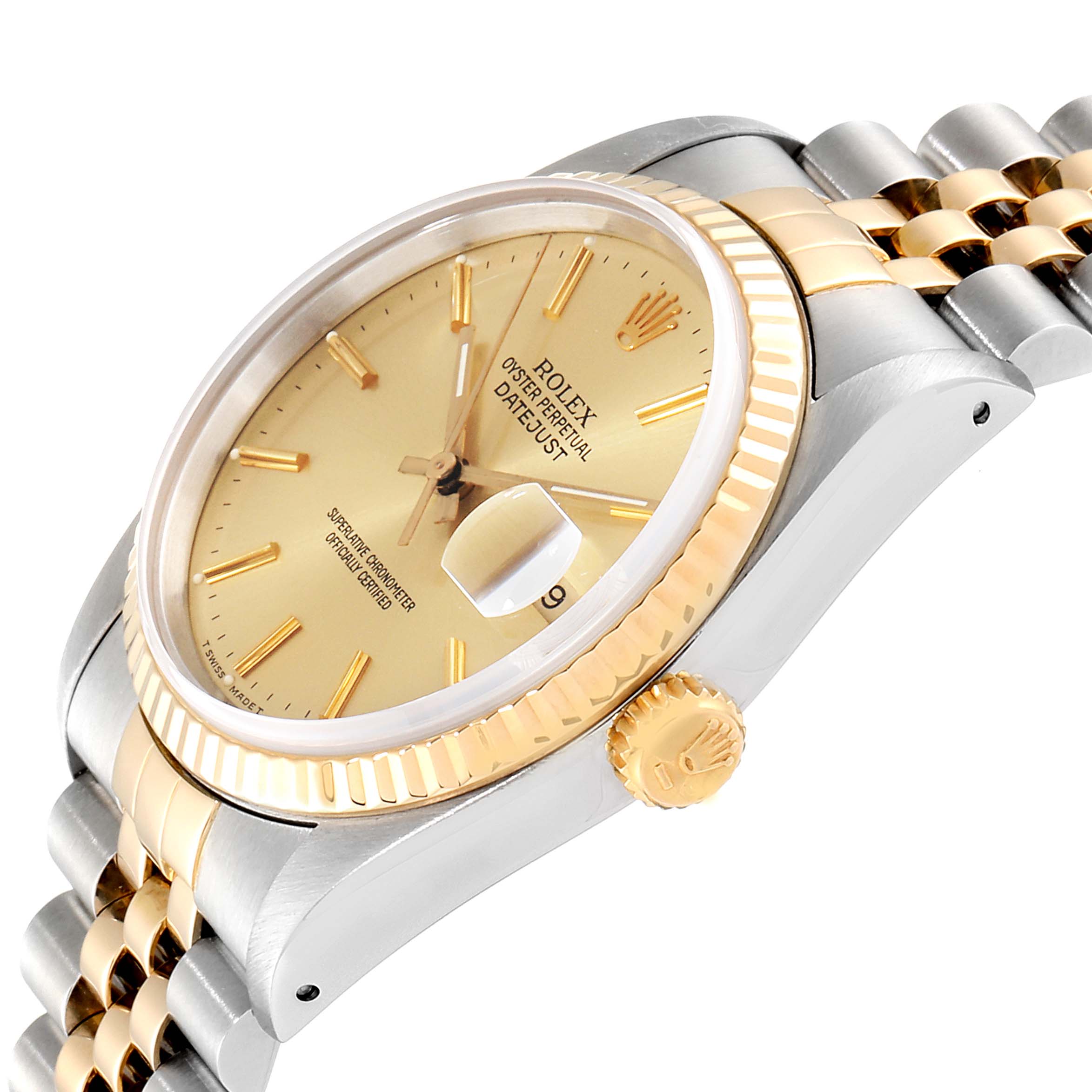 The image shows a Rolex Datejust 16233 Men
s Steel and Gold (two tone) Champagne Dial 16233 Men
s Steel and Gold (two tone) Champagne Dial watch at an angled view, highlighting the dial, fluted bezel, crown, and part of the bracelet.