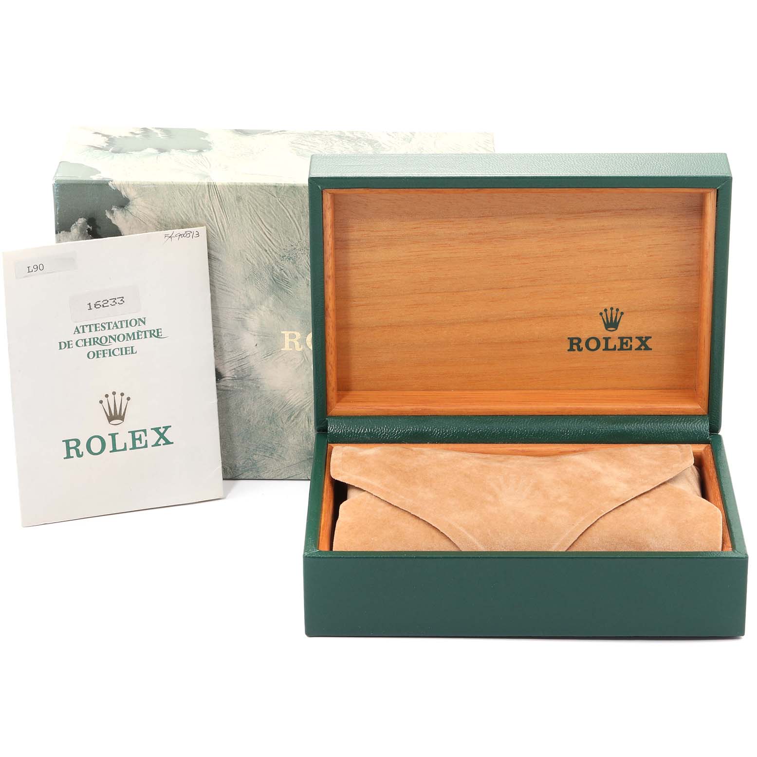 The image shows a Rolex Datejust 16233 Men
s Steel and Gold (two tone) Champagne Dial 16233 Men
s Steel and Gold (two tone) Champagne Dial model box with a green outer box, wooden watch box, and a certificate booklet.