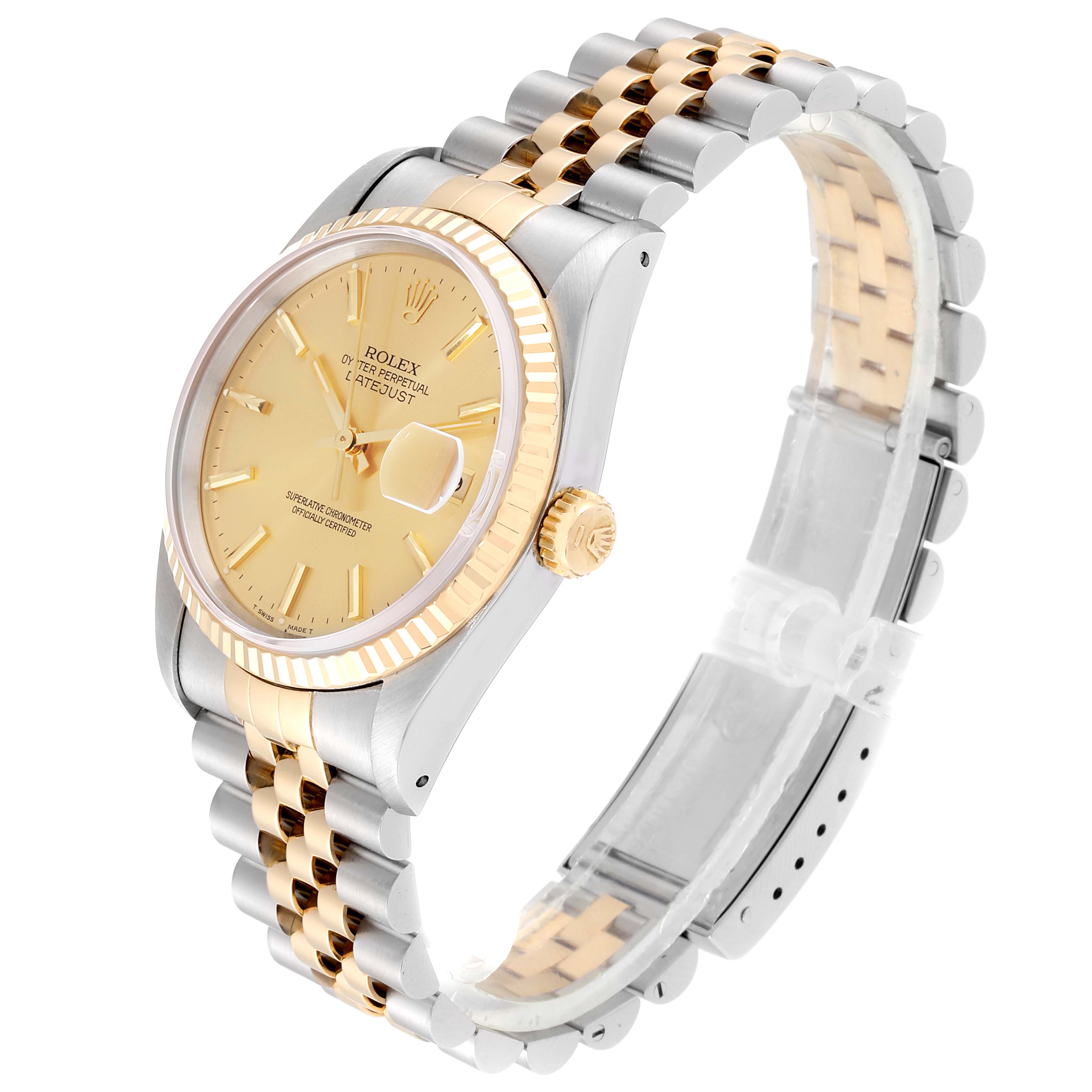 This image shows a Rolex Datejust 16233 Men's Steel and Gold (two tone) Champagne Dial 16233 Men's Steel and Gold (two tone) Champagne Dial watch at an angle highlighting its face, crown, and two-tone bracelet.