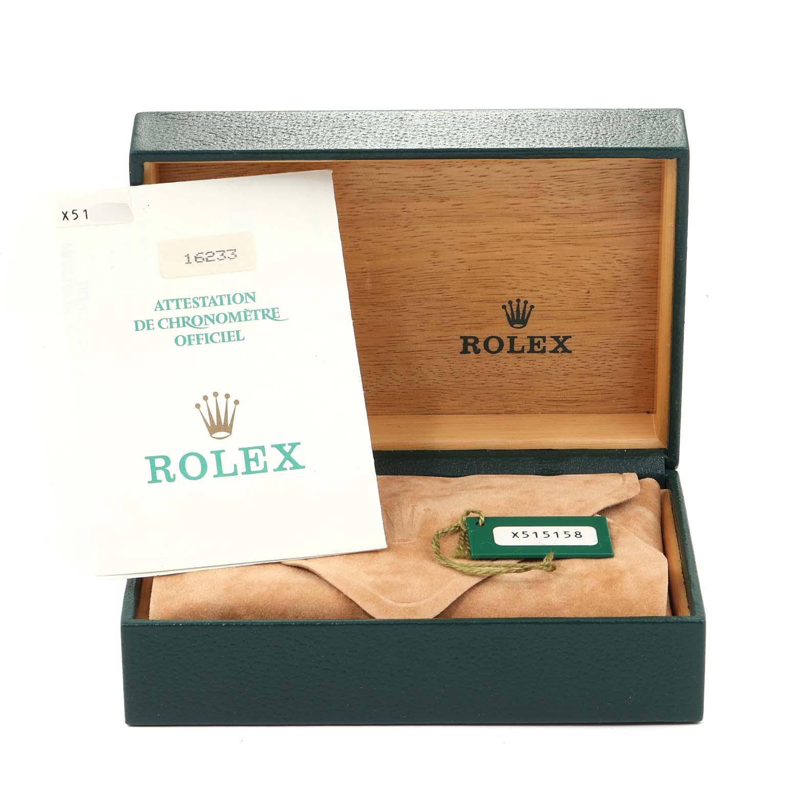 The image shows the box, official certificate, and tag for a Rolex Datejust 16233 Men's Steel and Gold (two tone) Champagne Dial 16233 Men's Steel and Gold (two tone) Champagne Dial watch.