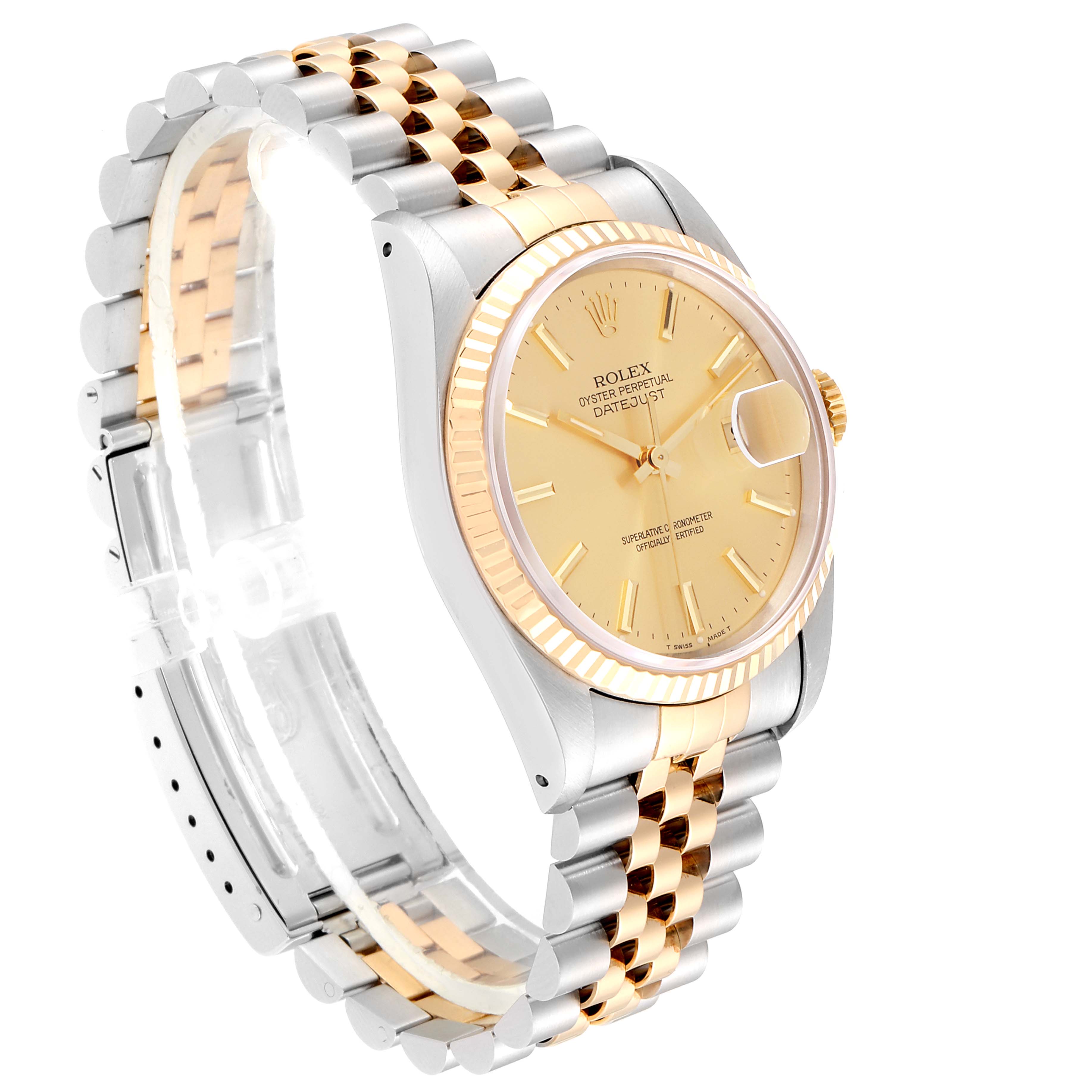 The image shows a side angle of the Rolex Datejust 16233 Men's Steel and Gold (two tone) Champagne Dial 16233 Men's Steel and Gold (two tone) Champagne Dial watch, highlighting the face, bezel, and jubilee bracelet.