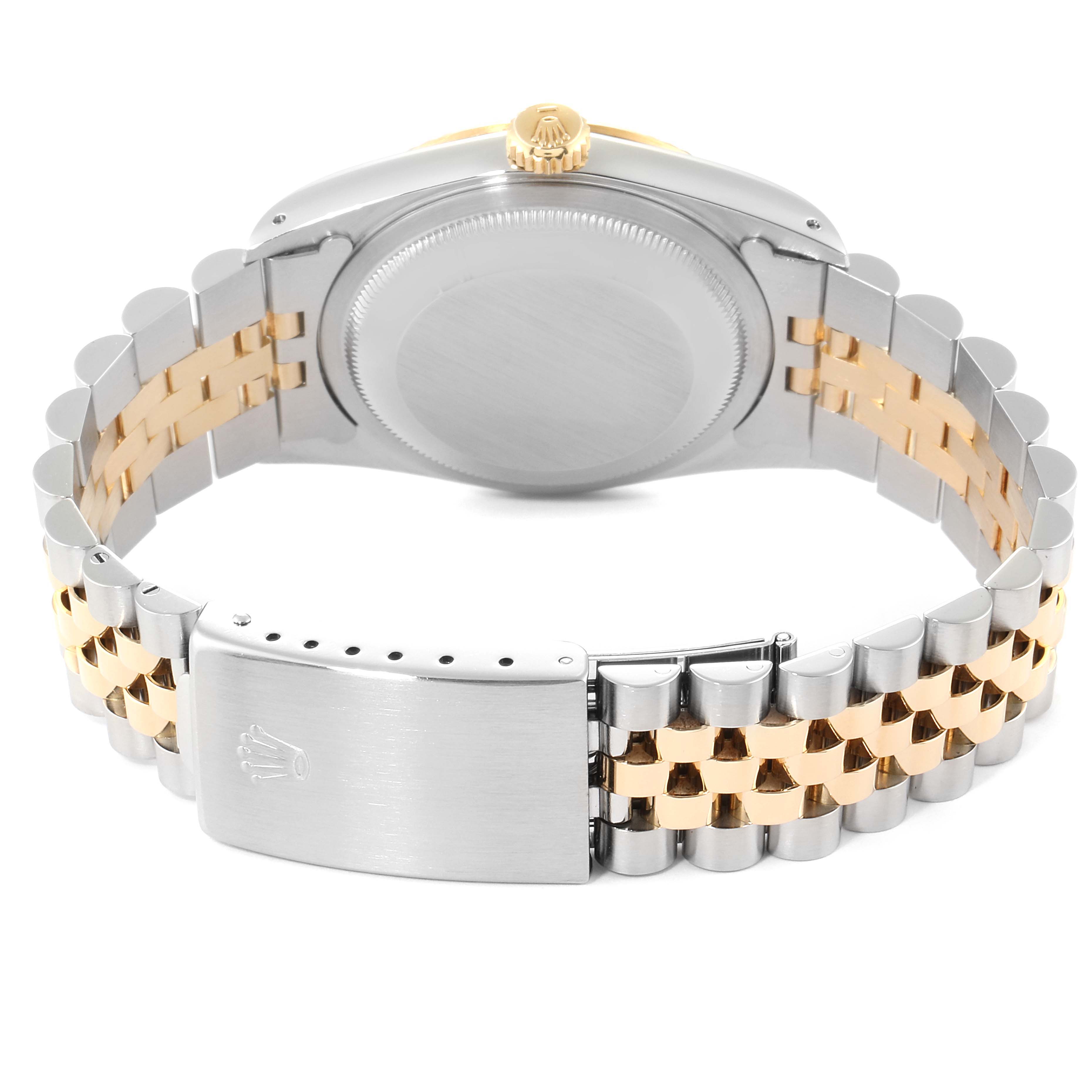 This image shows the back of a Rolex Datejust 16233 Men's Steel and Gold (two tone) Champagne Dial 16233 Men's Steel and Gold (two tone) Champagne Dial watch, highlighting the case back, crown, and two-tone Jubilee bracelet with clasp.