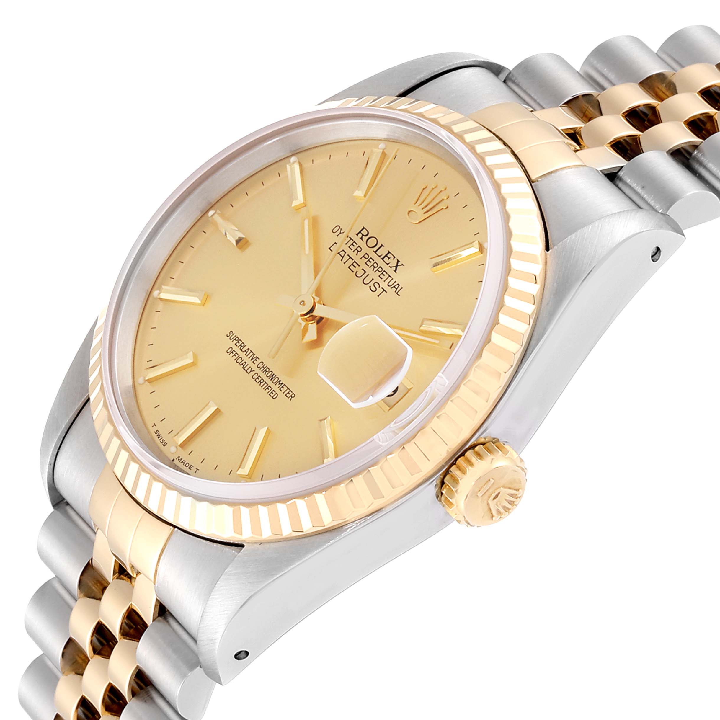 The Rolex Datejust 16233 Men's Steel and Gold (two tone) Champagne Dial 16233 Men's Steel and Gold (two tone) Champagne Dial watch is shown at a slight angle, highlighting its face, bezel, crown, and part of the bracelet.