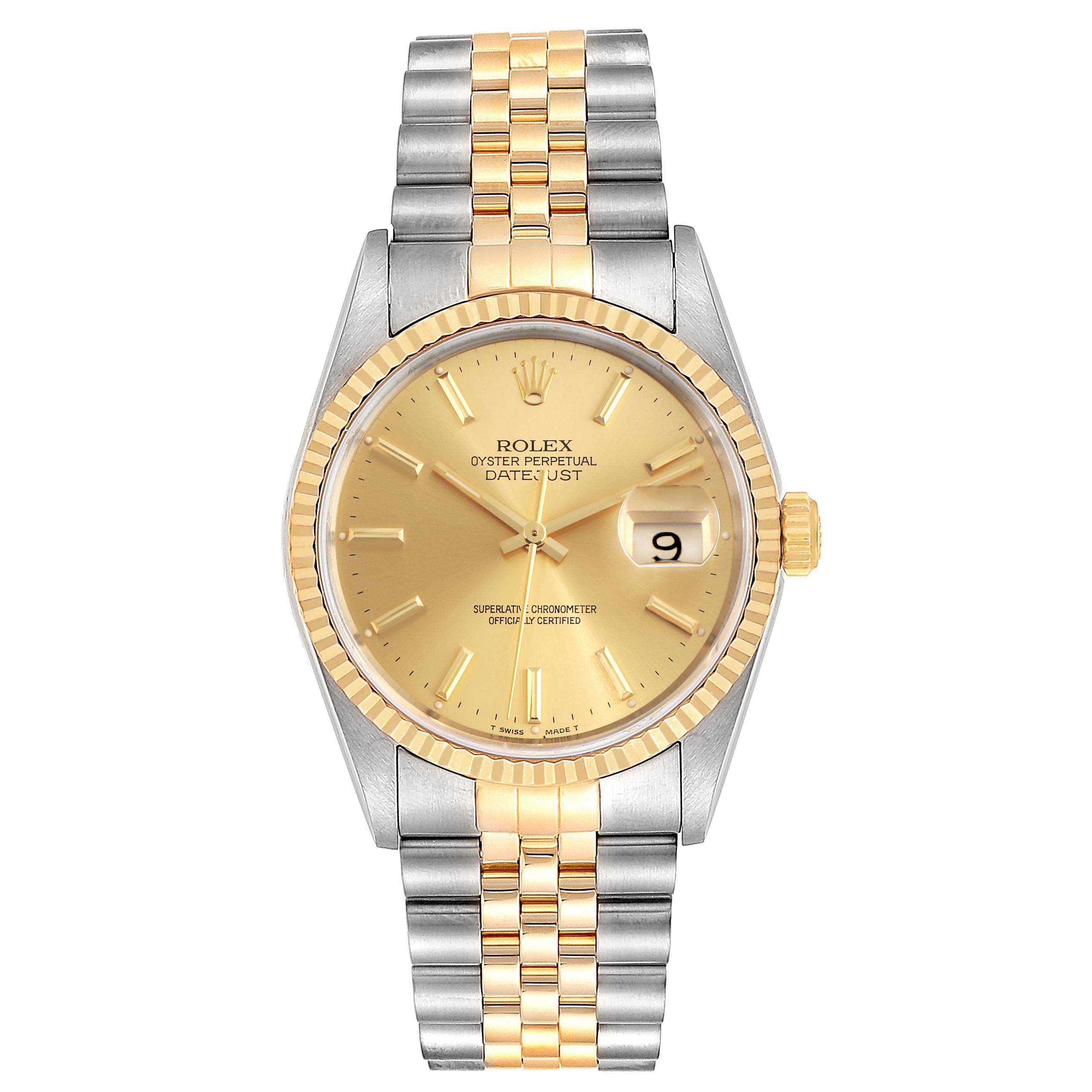 This image shows a front view of a Rolex Datejust 16233 Men's Steel and Gold (two tone) Champagne Dial 16233 Men's Steel and Gold (two tone) Champagne Dial watch, highlighting its gold dial, fluted bezel, and two-tone bracelet.