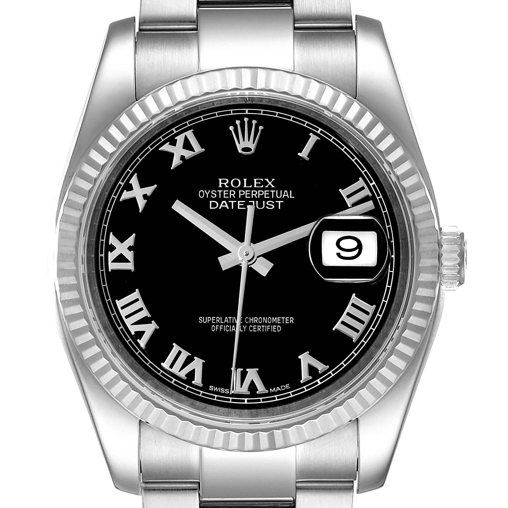 The Rolex Datejust 116234 Men's Stainless Steel Black Dial 116234 Men's Stainless Steel Black Dial watch is shown from a front angle, highlighting its black dial, Roman numerals, and cyclops date window.