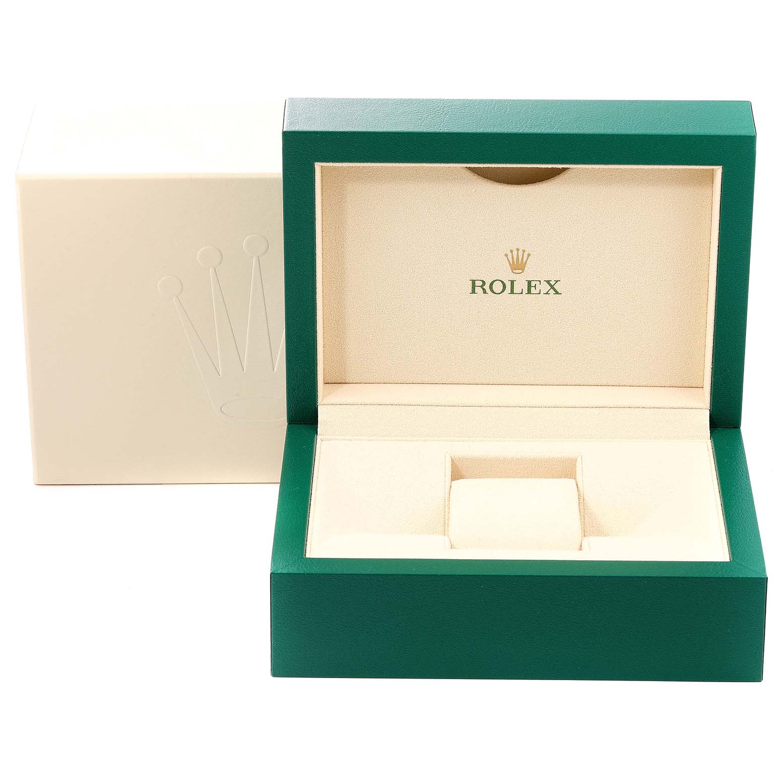 The image shows an open Rolex Datejust 116234 Men's Stainless Steel Black Dial 116234 Men's Stainless Steel Black Dial watch box with a green exterior and cream interior.