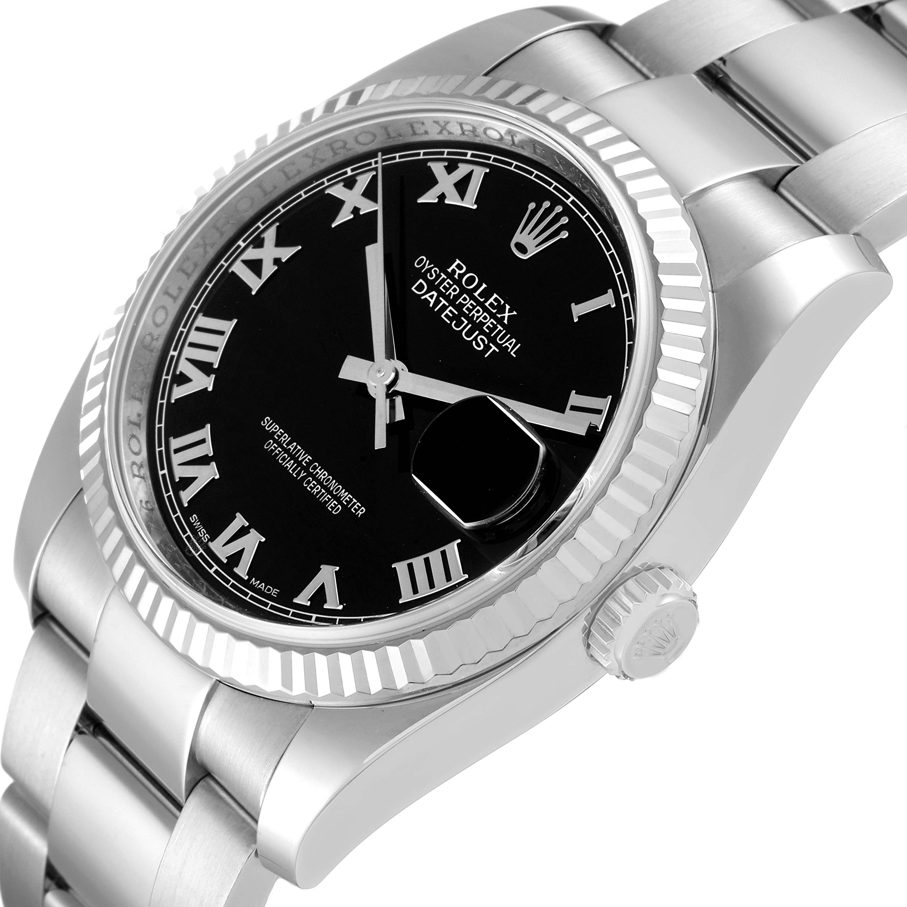 The Rolex Datejust 116234 Men's Stainless Steel Black Dial 116234 Men's Stainless Steel Black Dial watch is shown at an angle highlighting the black dial, Roman numerals, fluted bezel, and stainless steel bracelet.