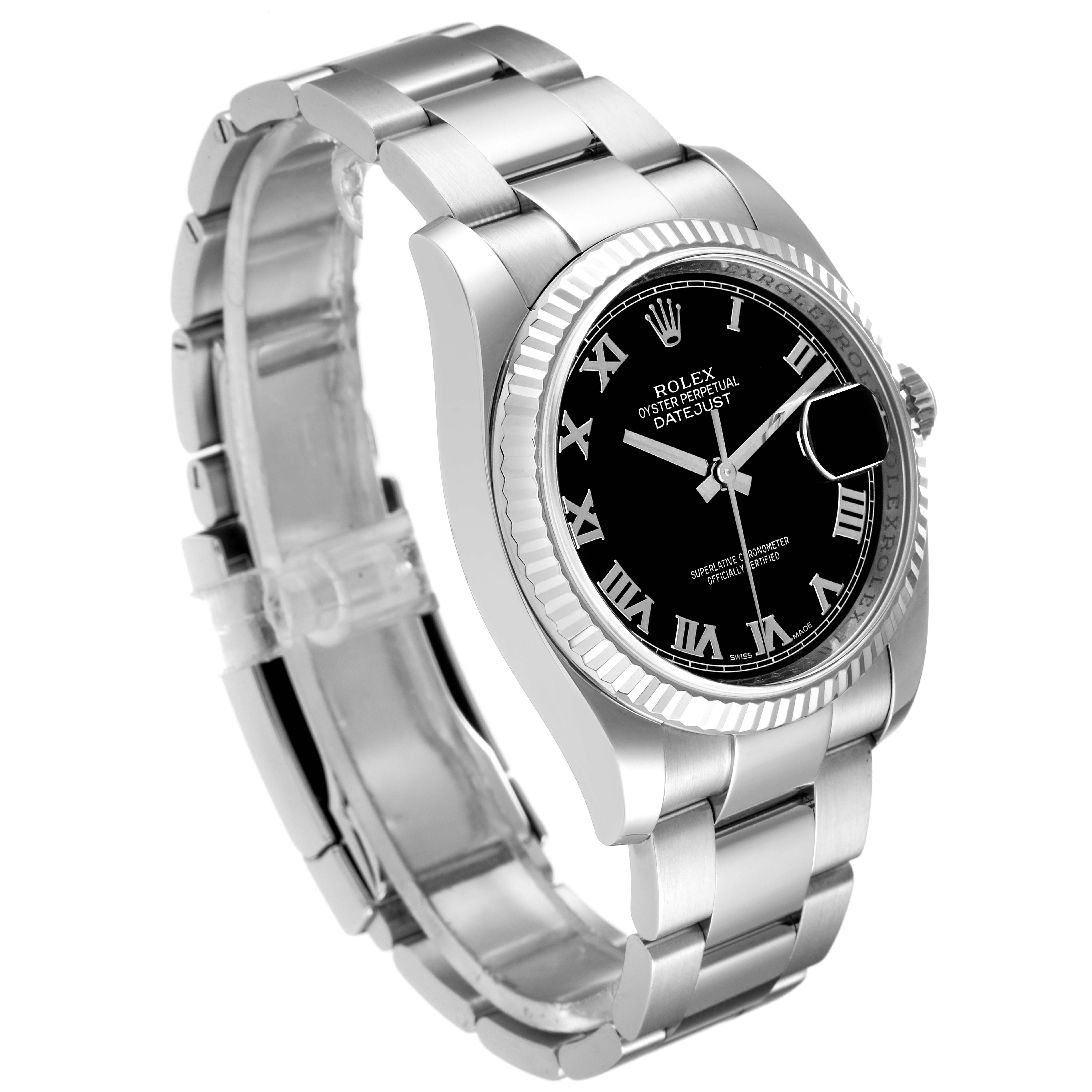 The image shows a Rolex Datejust 116234 Men's Stainless Steel Black Dial 116234 Men's Stainless Steel Black Dial watch viewed from an angle, highlighting its bracelet, black dial, and fluted bezel.