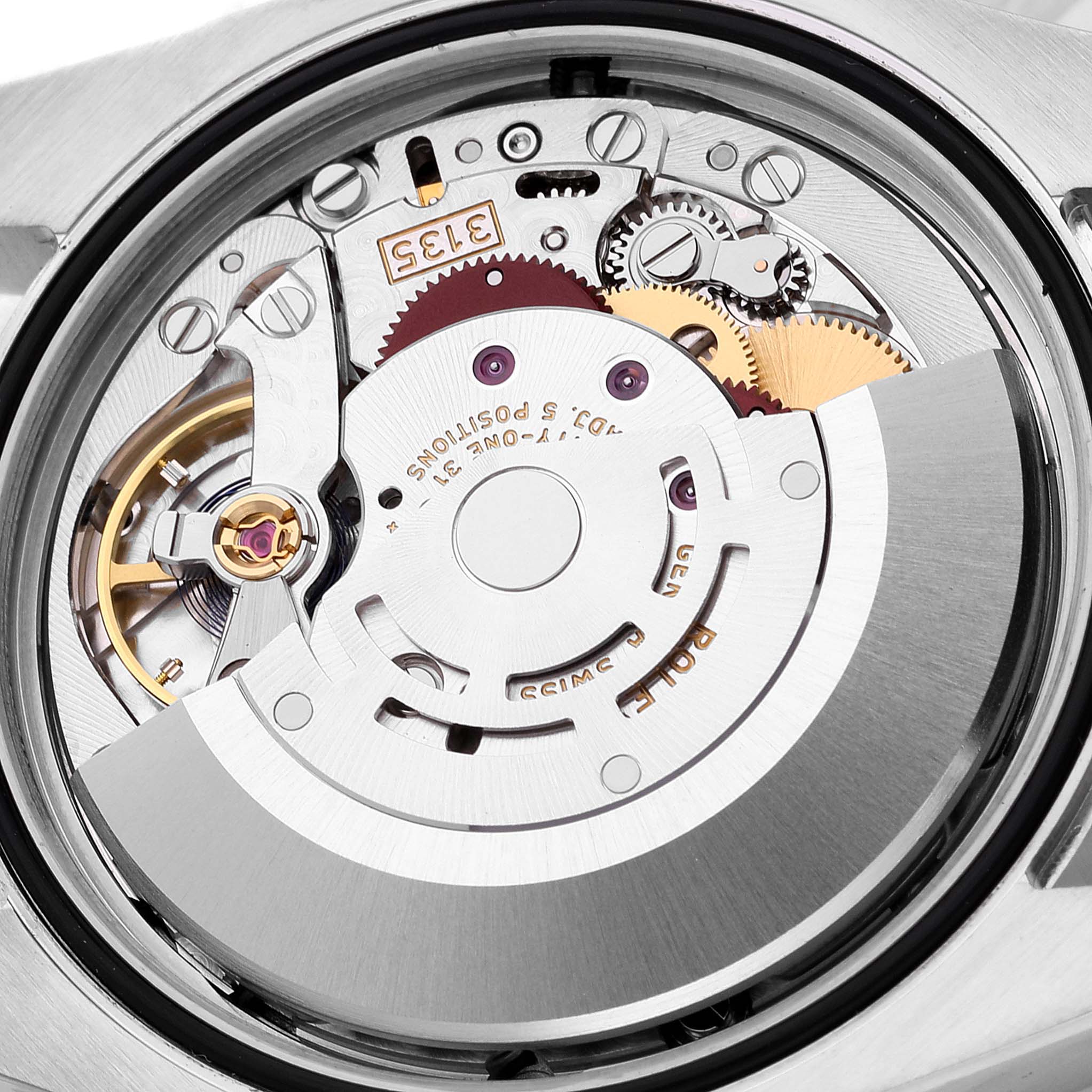 The image shows the inner mechanical movement of the Rolex Datejust 116234 Men's Stainless Steel Black Dial 116234 Men's Stainless Steel Black Dial watch from the back.