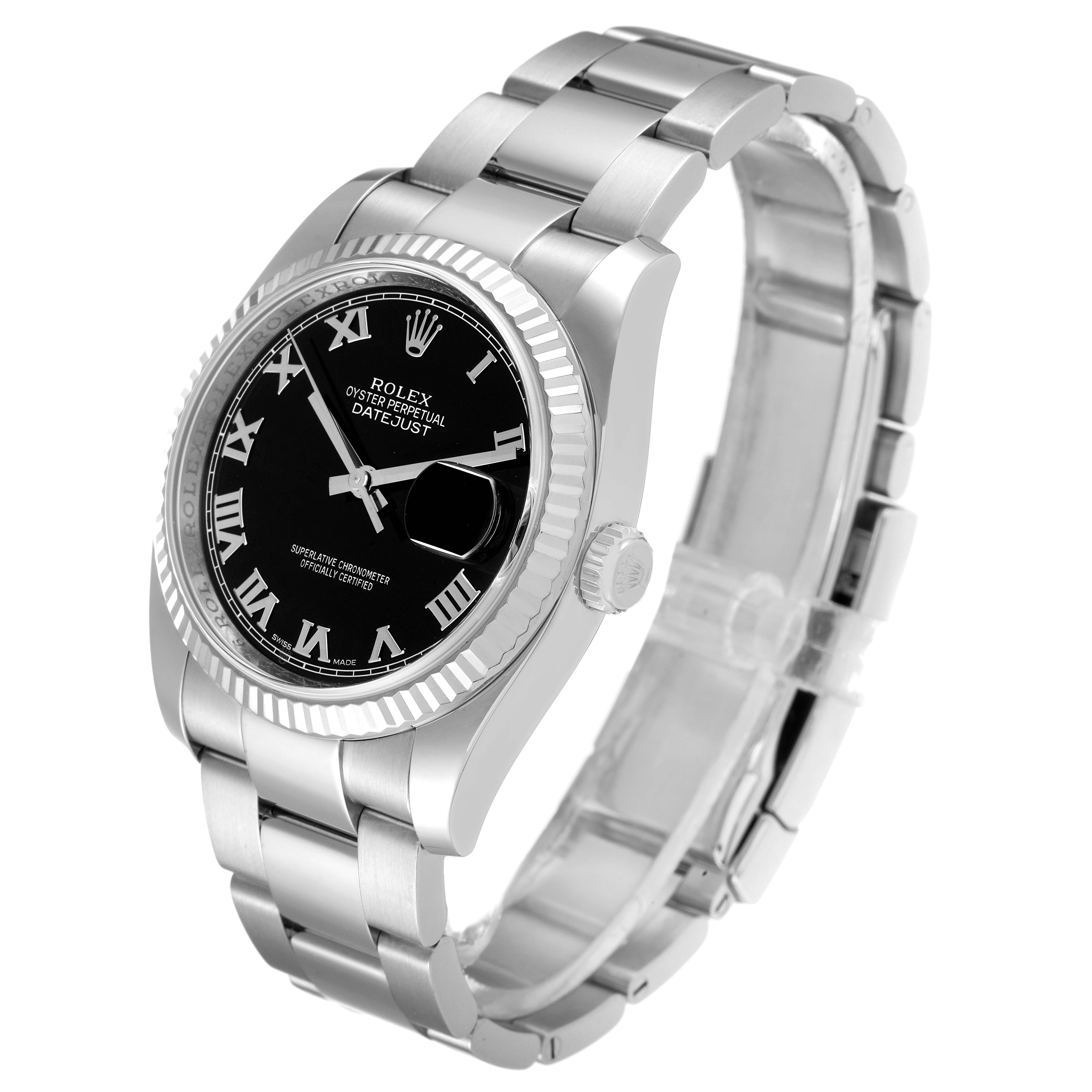 The Rolex Datejust 116234 Men's Stainless Steel Black Dial 116234 Men's Stainless Steel Black Dial watch is shown at a three-quarter angle, displaying the bracelet, bezel, dial, and crown.
