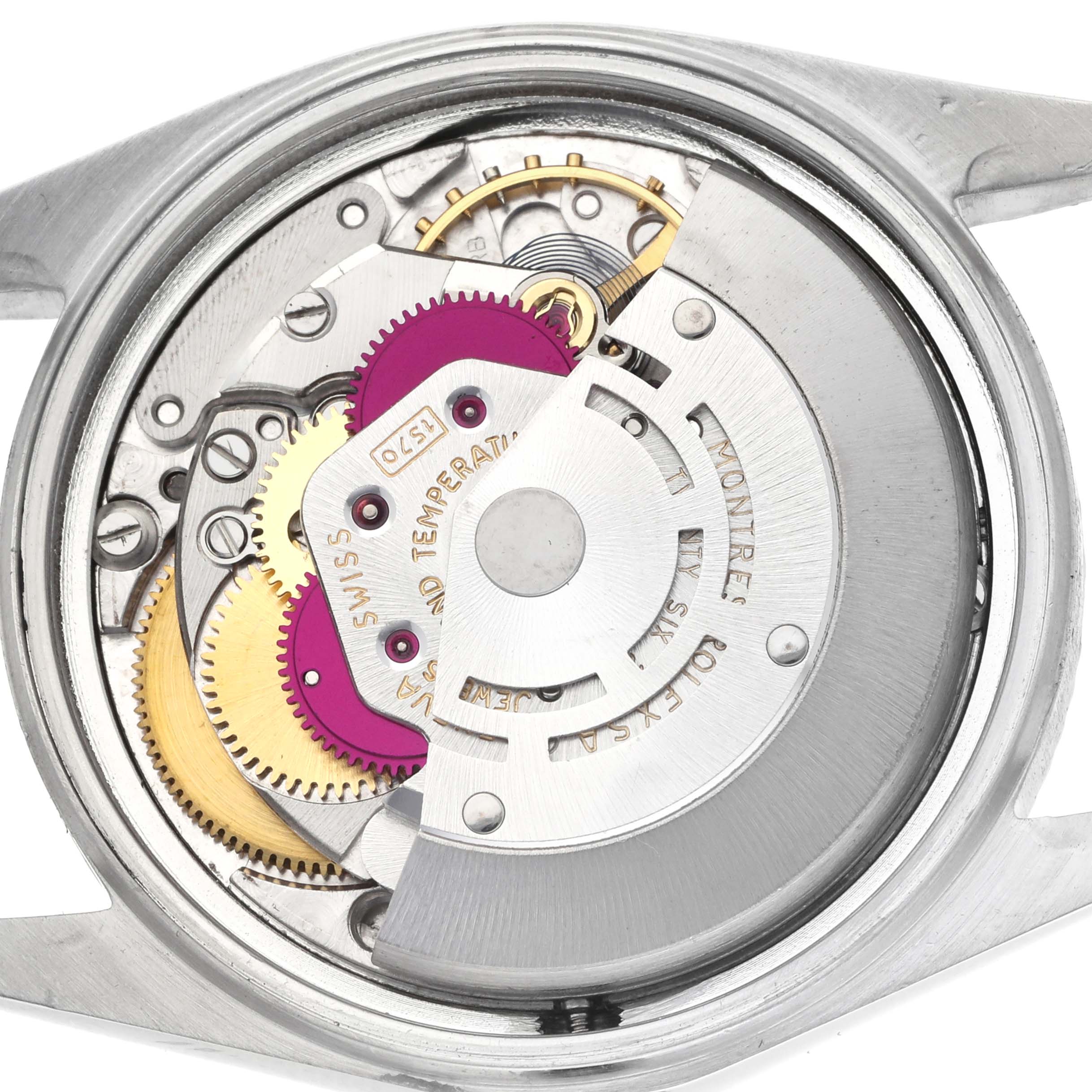 The image shows the Rolex Datejust 1601 Men
s Stainless Steel Grey Dial
s internal mechanism from a top-down angle, highlighting the gears and rotor.