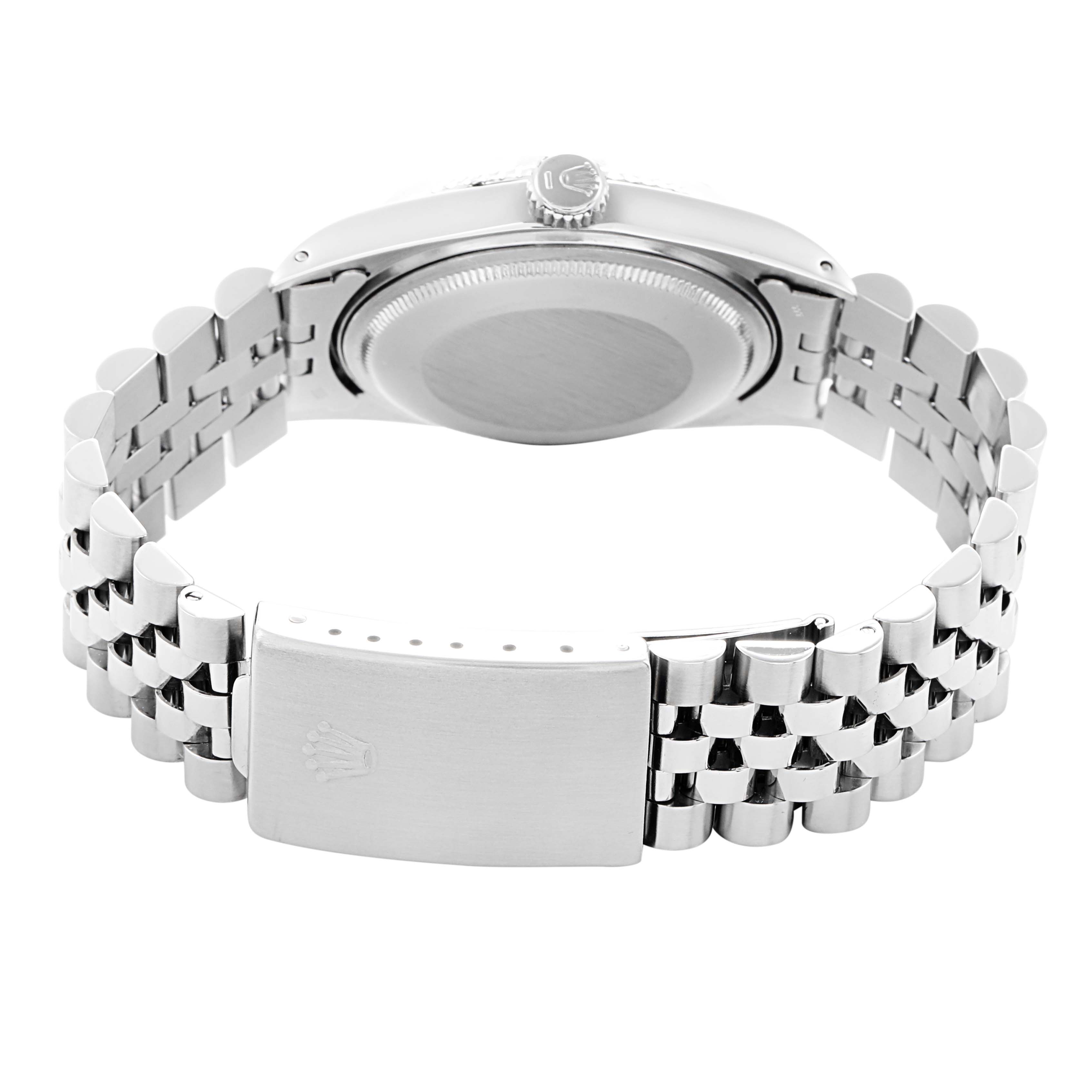 The Rolex Datejust 1601 Men
s Stainless Steel Grey Dial watch is shown from the back, highlighting the case back, crown, and Jubilee bracelet with clasp.