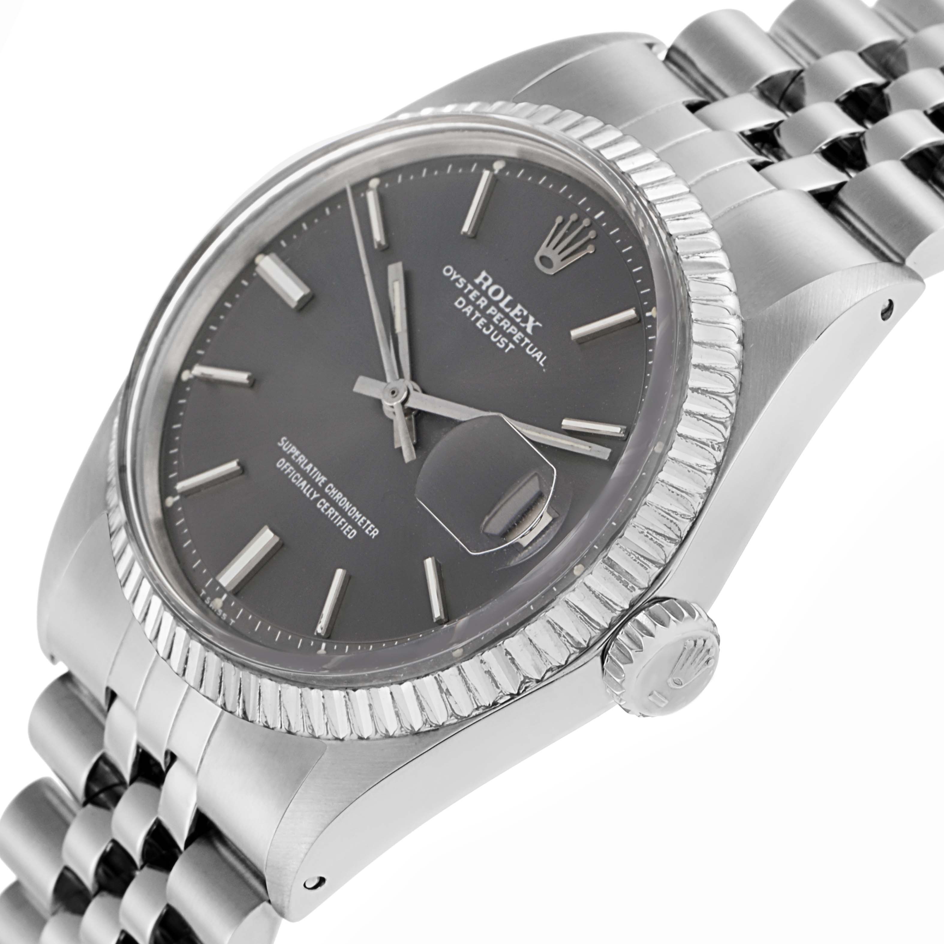 The Rolex Datejust 1601 Men
s Stainless Steel Grey Dial watch is shown at a slight angle, highlighting the bezel, face, crown, and part of the bracelet.