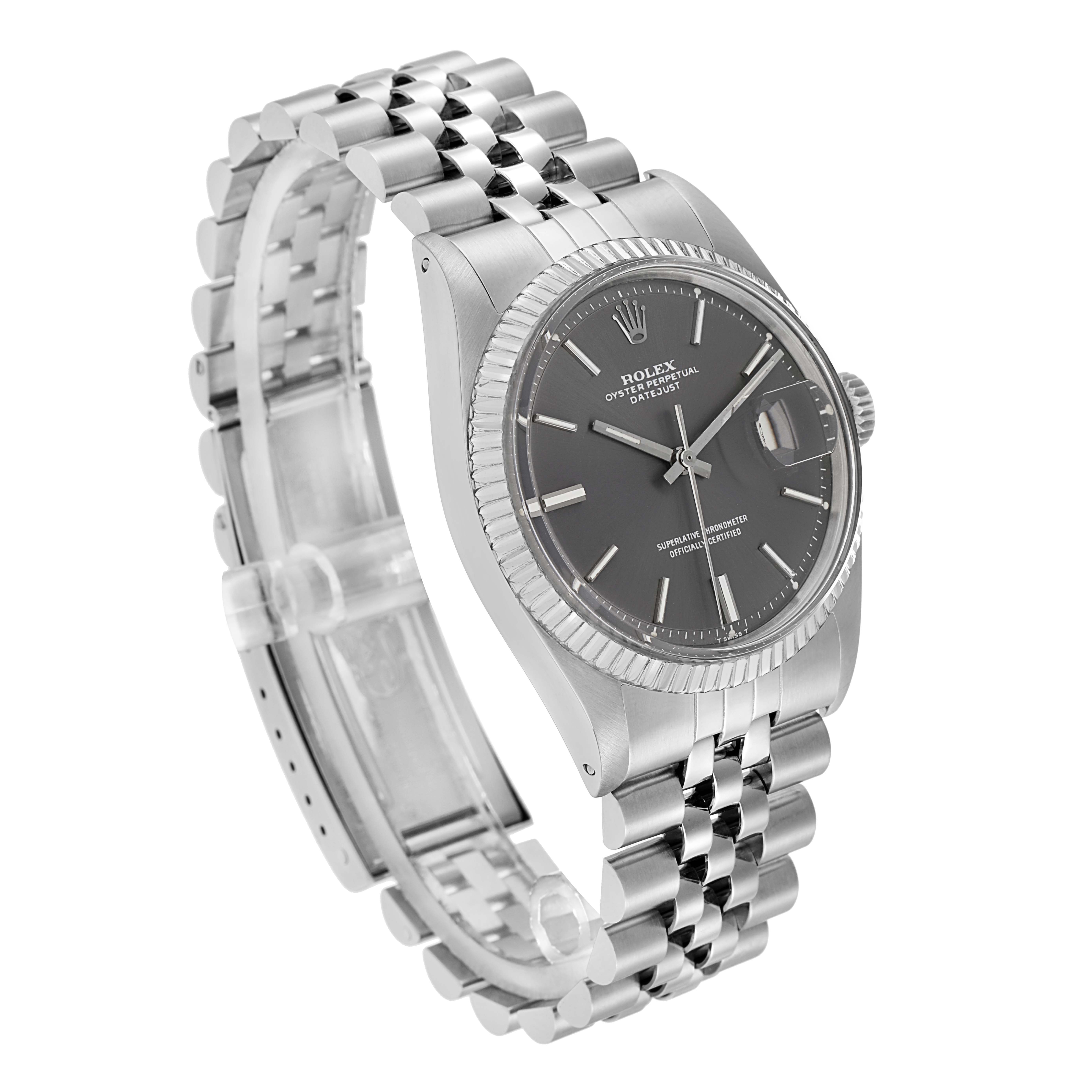 The Rolex Datejust 1601 Men
s Stainless Steel Grey Dial watch is shown at a three-quarter angle, displaying its face, bracelet, bezel, and crown.