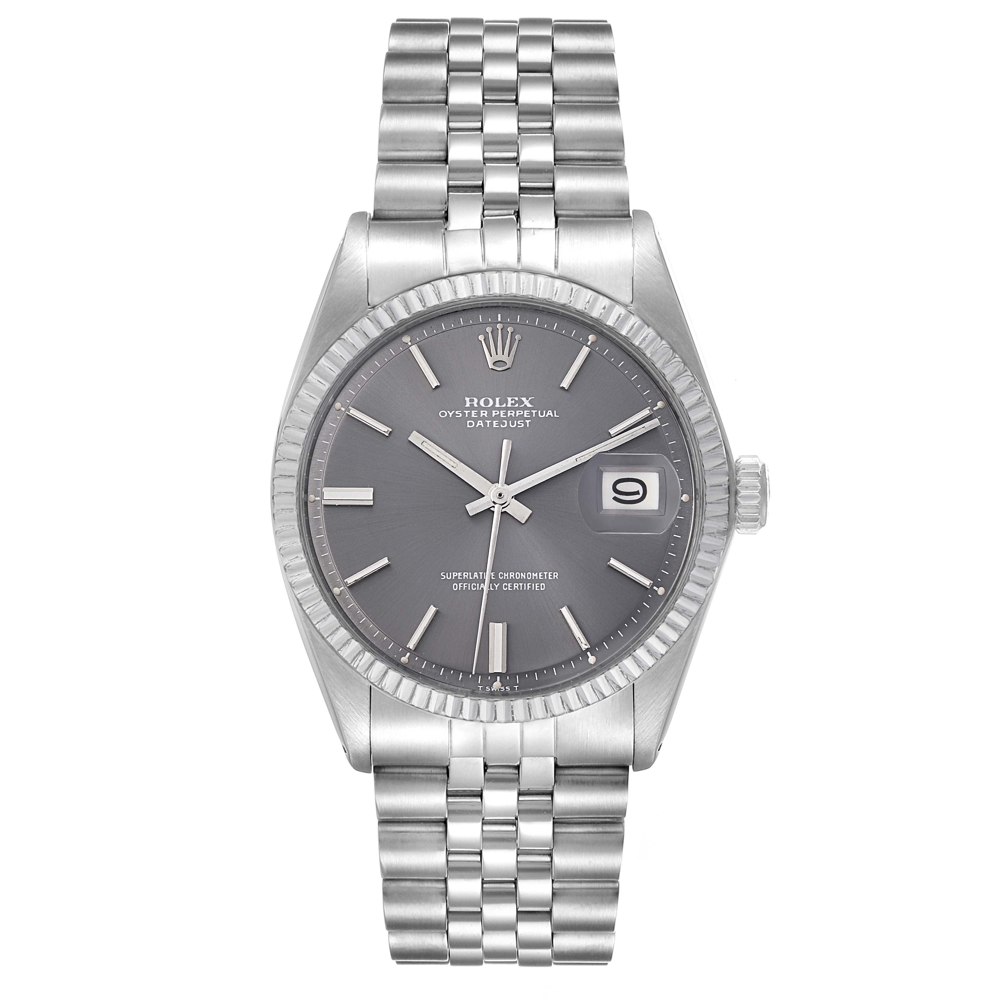 The Rolex Datejust 1601 Men
s Stainless Steel Grey Dial watch is shown from a front angle, displaying the dial, case, bezel, bracelet, and date window.